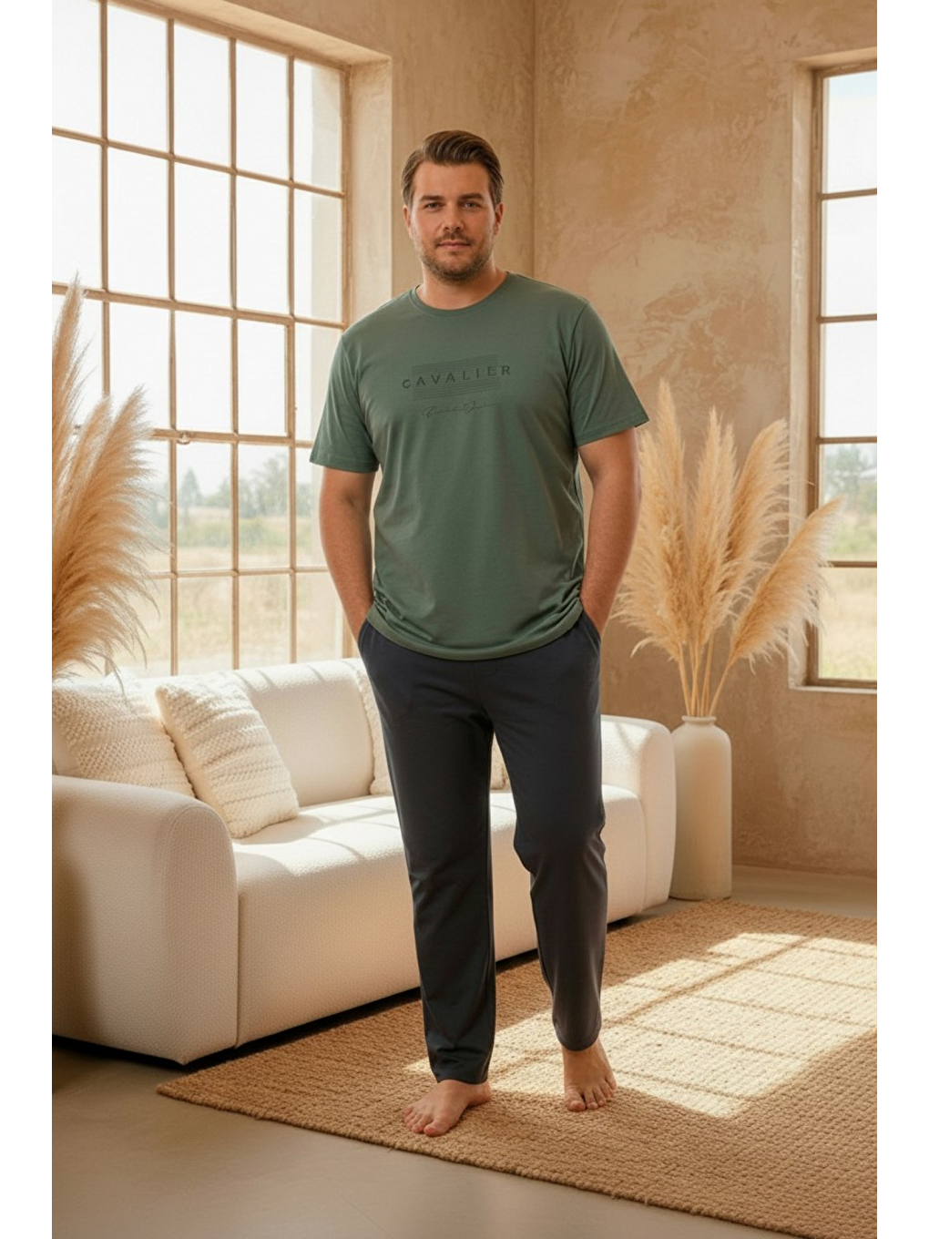 Yeşil %100 Pamuklu Kısa Kollu Cepli Büyük Beden Erkek Pijama Takımı 2045