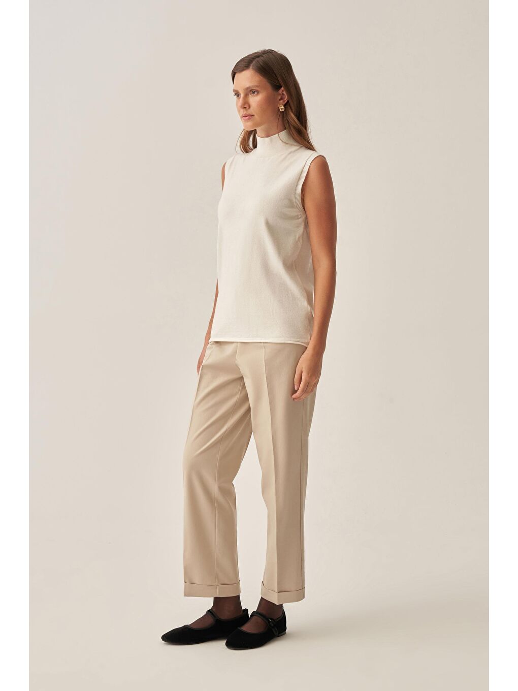 Ekru-Yarım Balıkçı Kolsuz Kazak-2