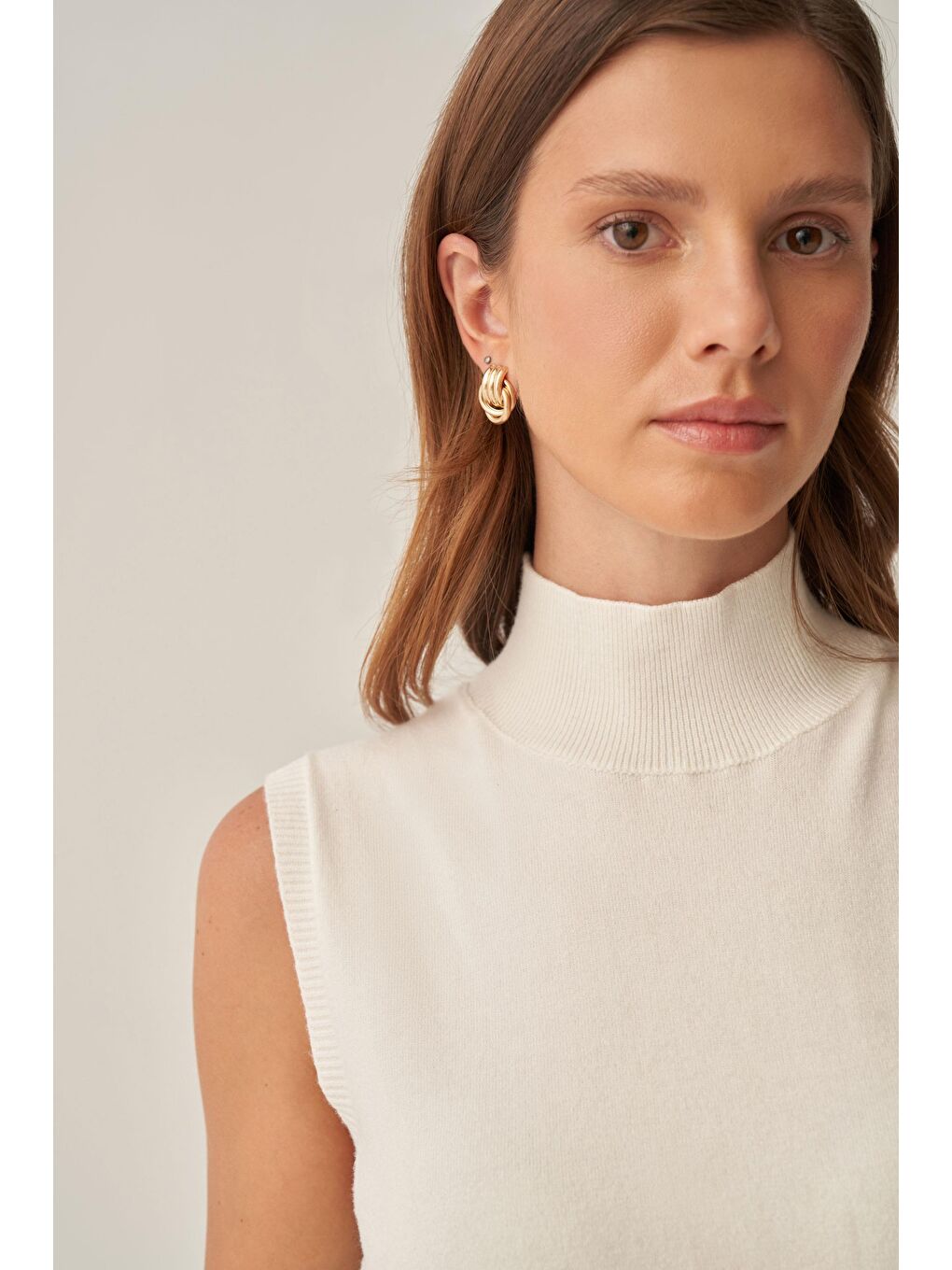 Ekru-Yarım Balıkçı Kolsuz Kazak-4