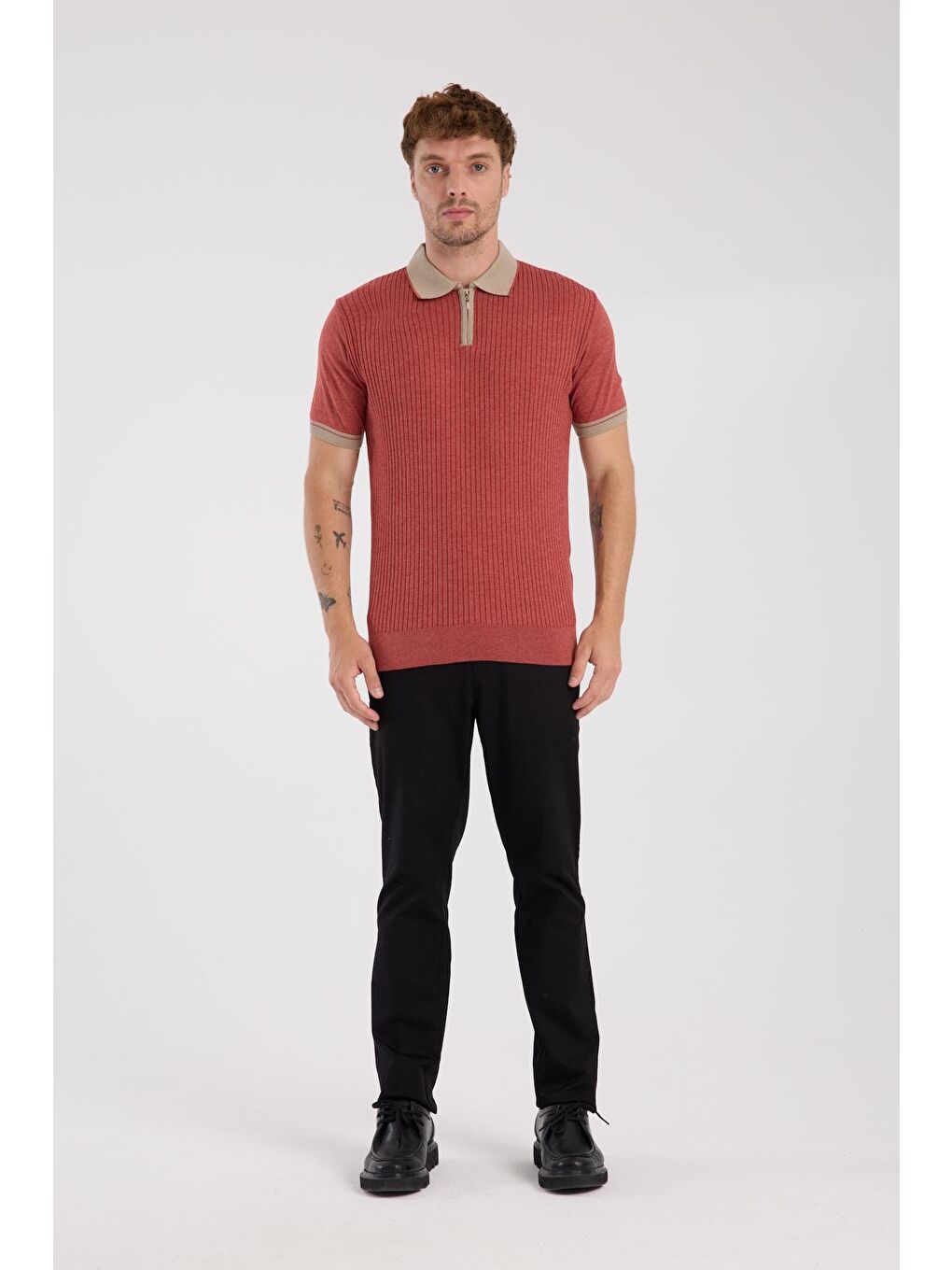 Kahverengi Aclub Echo Örme Kumaş Viskon Karışımlı Slim Fit Kiremit Polo Yaka Erkek Desenli Polo Shirt