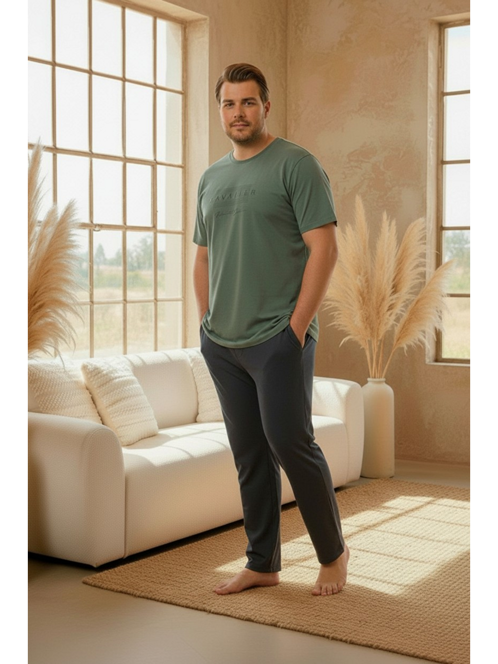 Yeşil %100 Pamuklu Kısa Kollu Cepli Büyük Beden Erkek Pijama Takımı 2045-1