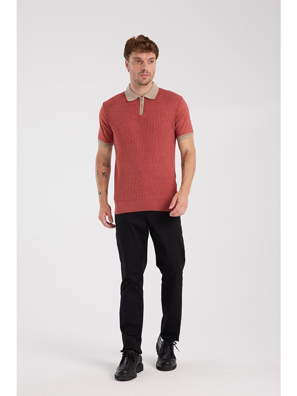 Kahverengi Aclub Echo Örme Kumaş Viskon Karışımlı Slim Fit Kiremit Polo Yaka Erkek Desenli Polo Shirt-1