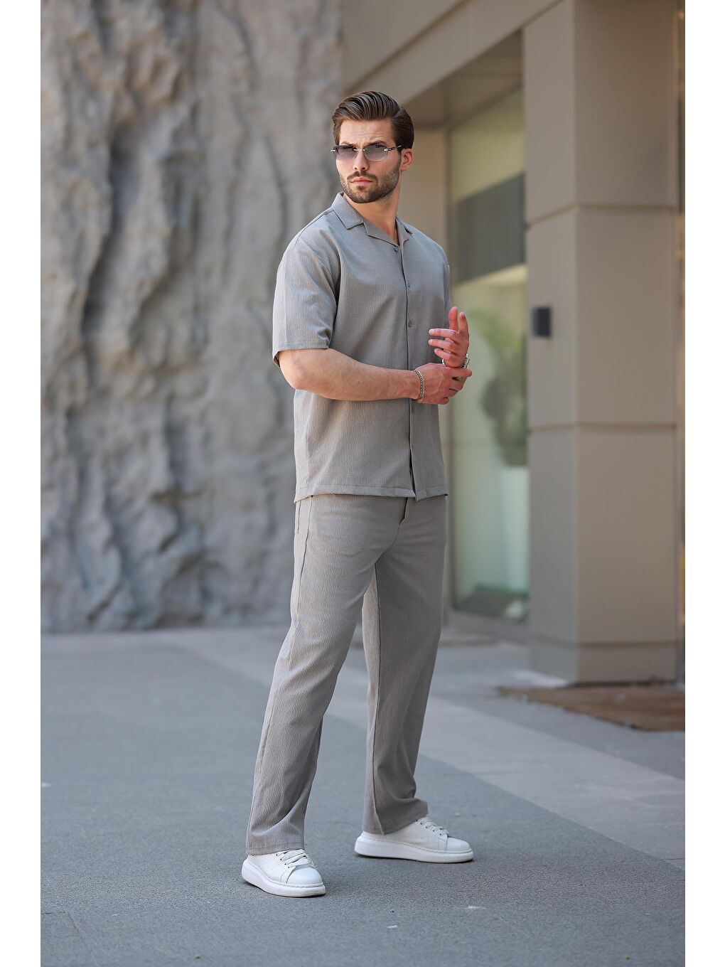 Boyalı Gri Basic Erkek Gömlek Takım E7320-2