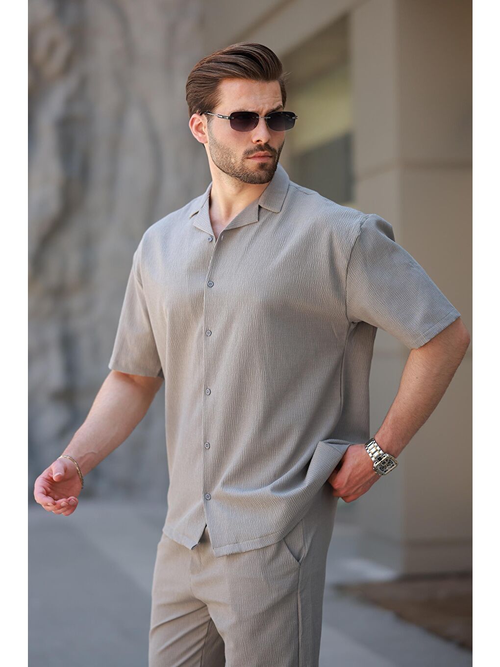 Boyalı Gri Basic Erkek Gömlek Takım E7320-3