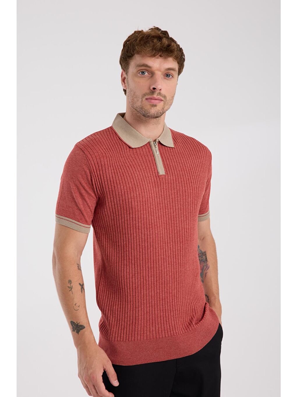 Kahverengi Aclub Echo Örme Kumaş Viskon Karışımlı Slim Fit Kiremit Polo Yaka Erkek Desenli Polo Shirt-2