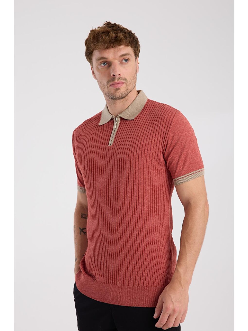 Kahverengi Aclub Echo Örme Kumaş Viskon Karışımlı Slim Fit Kiremit Polo Yaka Erkek Desenli Polo Shirt-3