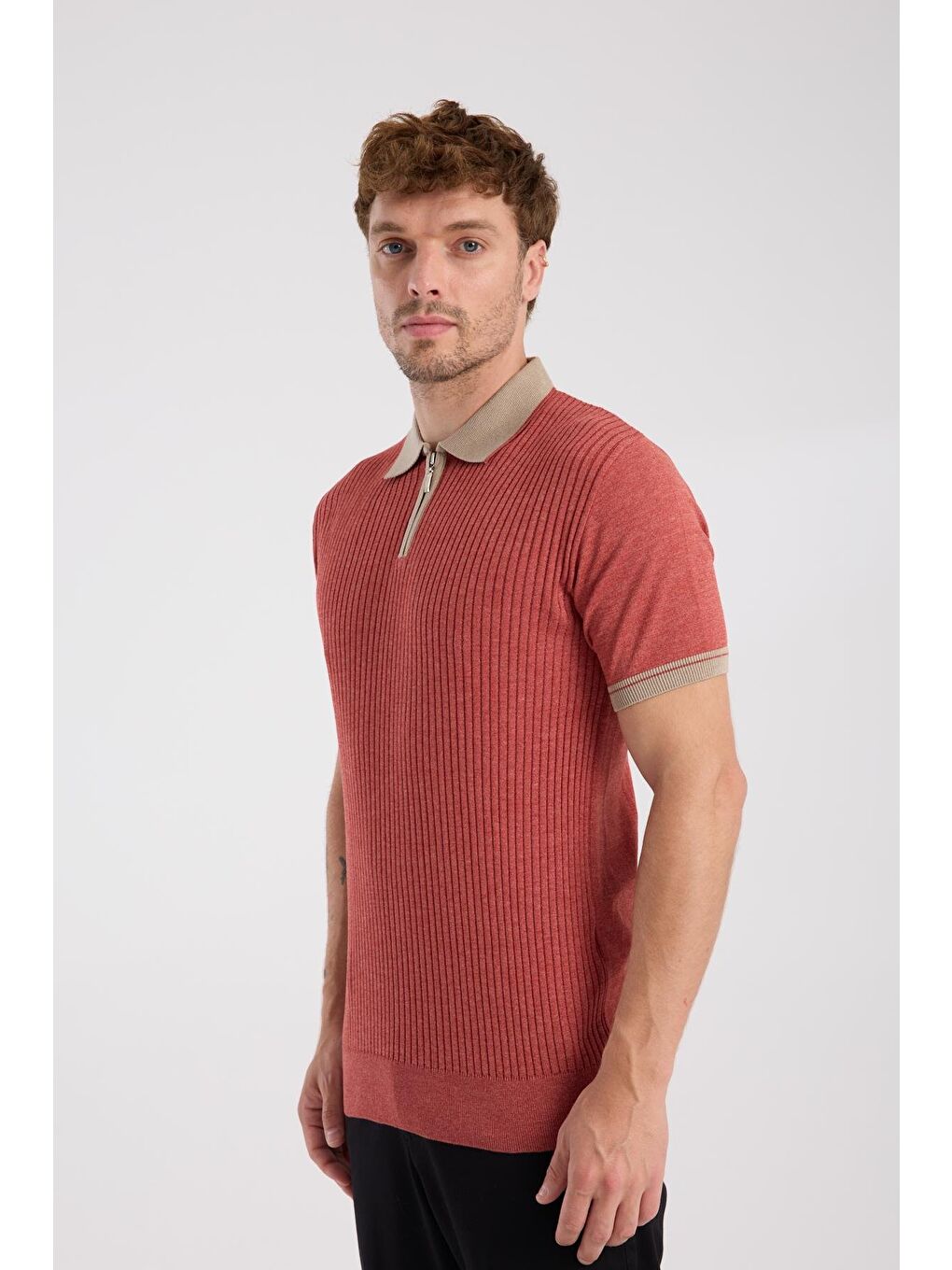 Kahverengi Aclub Echo Örme Kumaş Viskon Karışımlı Slim Fit Kiremit Polo Yaka Erkek Desenli Polo Shirt-4