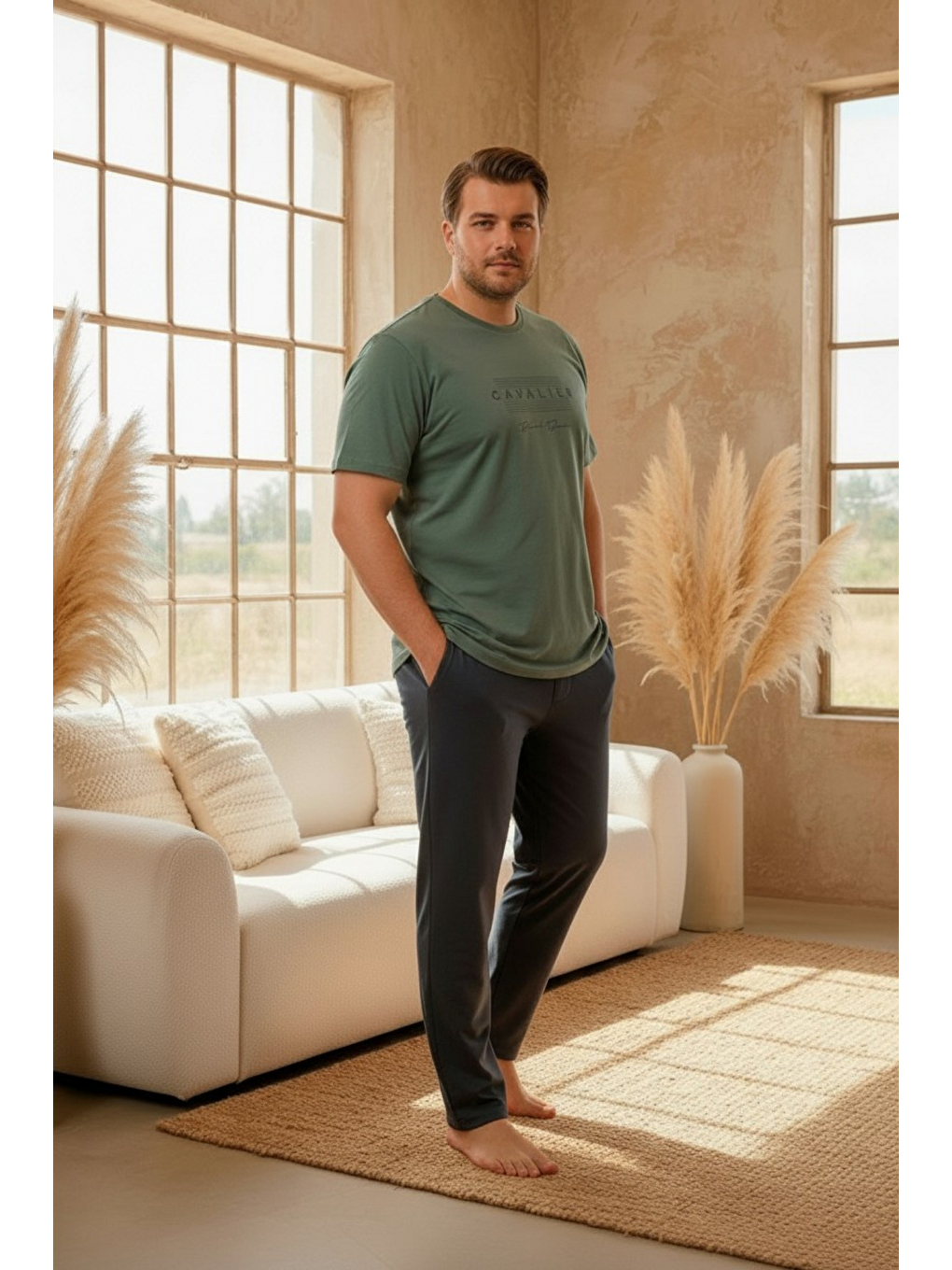 Yeşil %100 Pamuklu Kısa Kollu Cepli Büyük Beden Erkek Pijama Takımı 2045-3