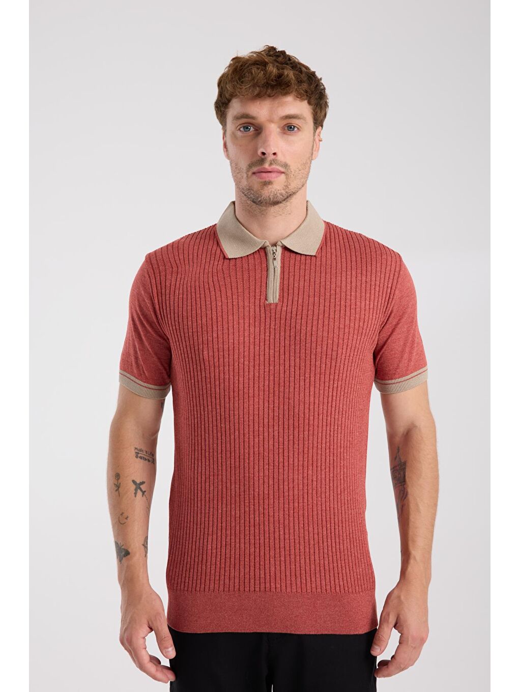 Kahverengi Aclub Echo Örme Kumaş Viskon Karışımlı Slim Fit Kiremit Polo Yaka Erkek Desenli Polo Shirt-5