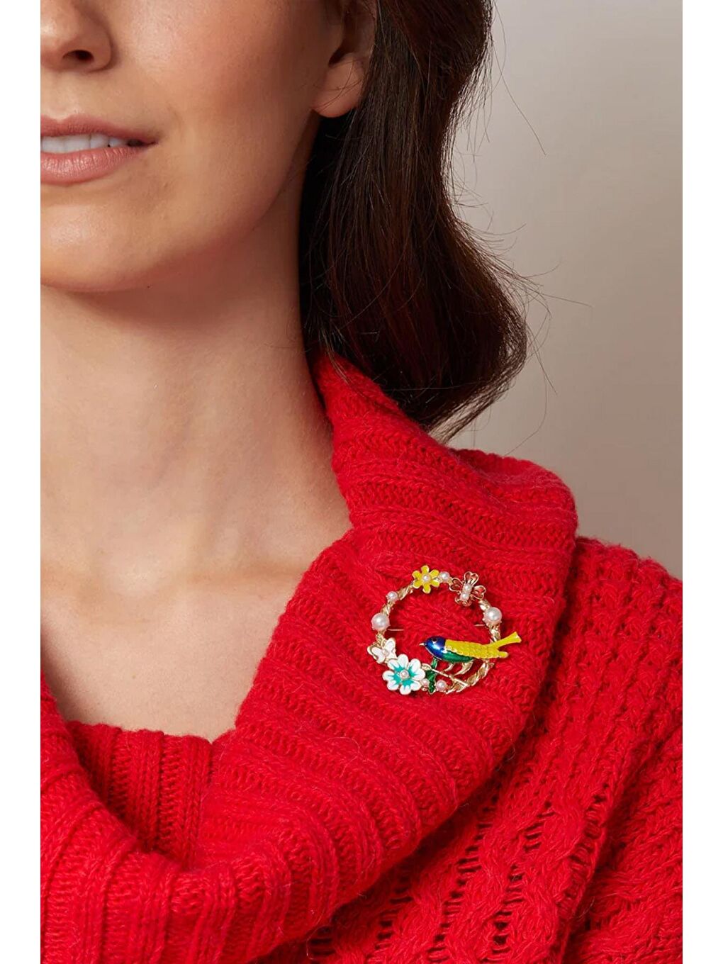 Sarı Cennet Bahçesi Kuş Detaylı Broş Yaka İğnesi-1