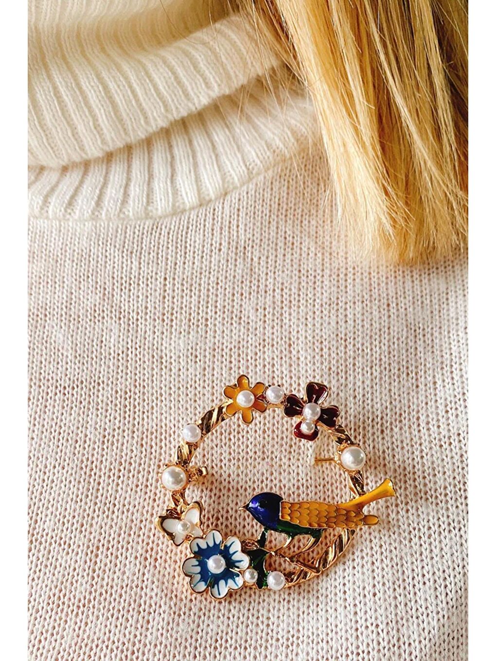 Sarı Cennet Bahçesi Kuş Detaylı Broş Yaka İğnesi-2