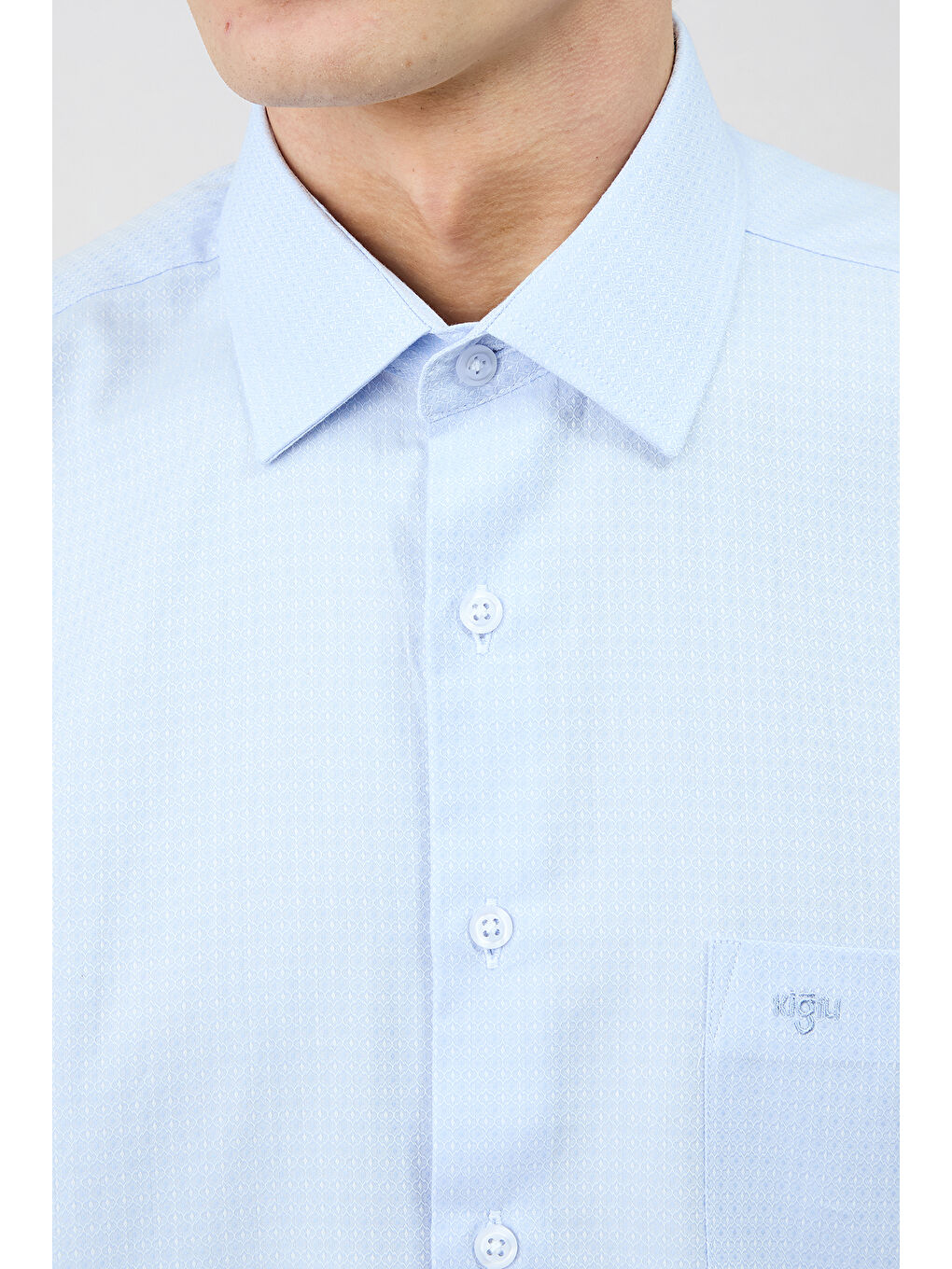 Mavi Uzun Kol Regular Fit Klasik Yaka Cepli Desenli Pamuk Gömlek-2