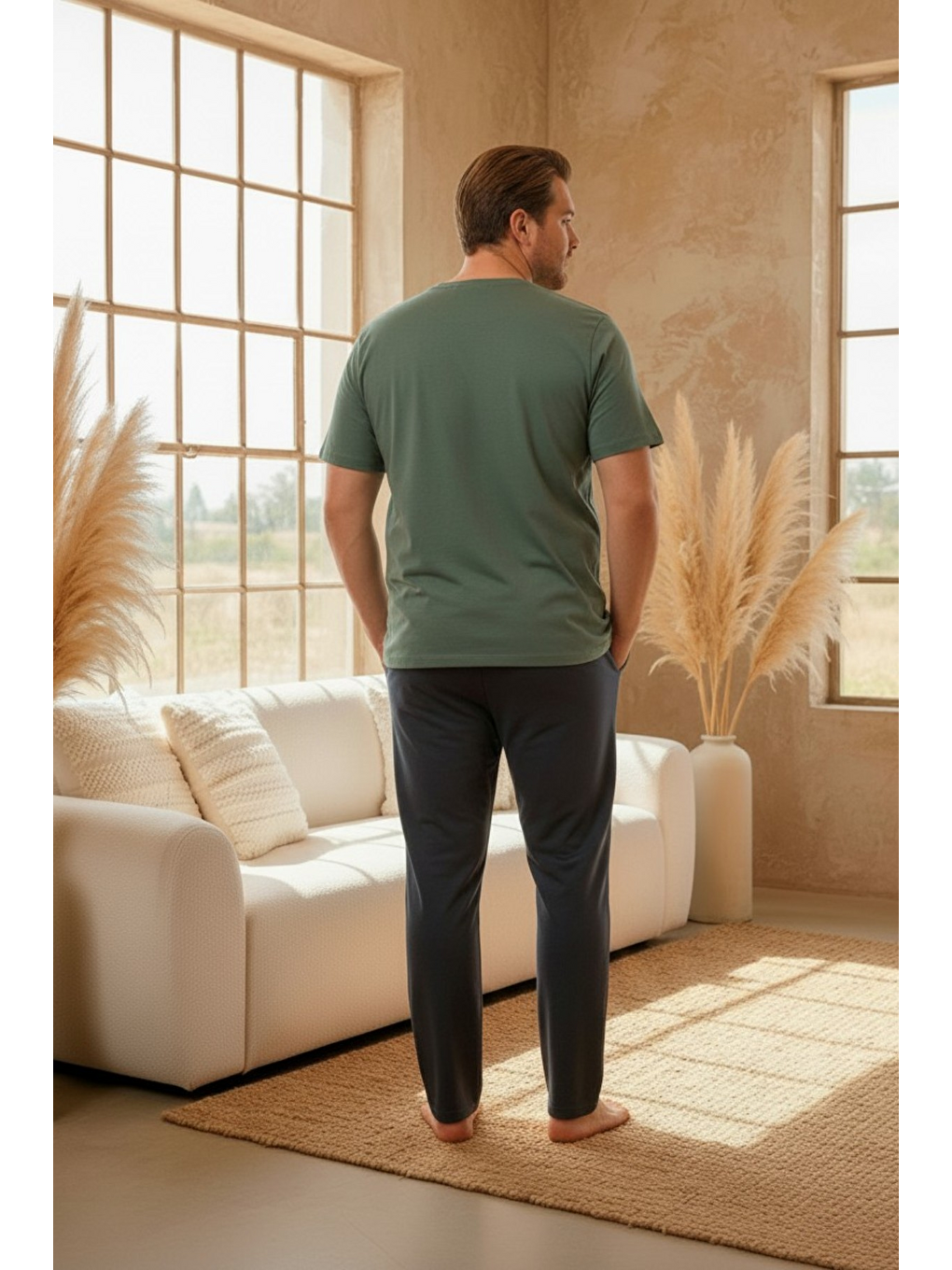 Yeşil %100 Pamuklu Kısa Kollu Cepli Büyük Beden Erkek Pijama Takımı 2045-4