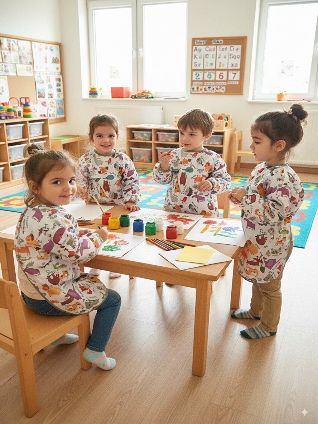 7-11 Yaş, Zoo, Sıvı Geçirmez, Makinede Yıkanabilir, Uzun Kollu Çocuk, Aktivite Mama Önlüğü-5