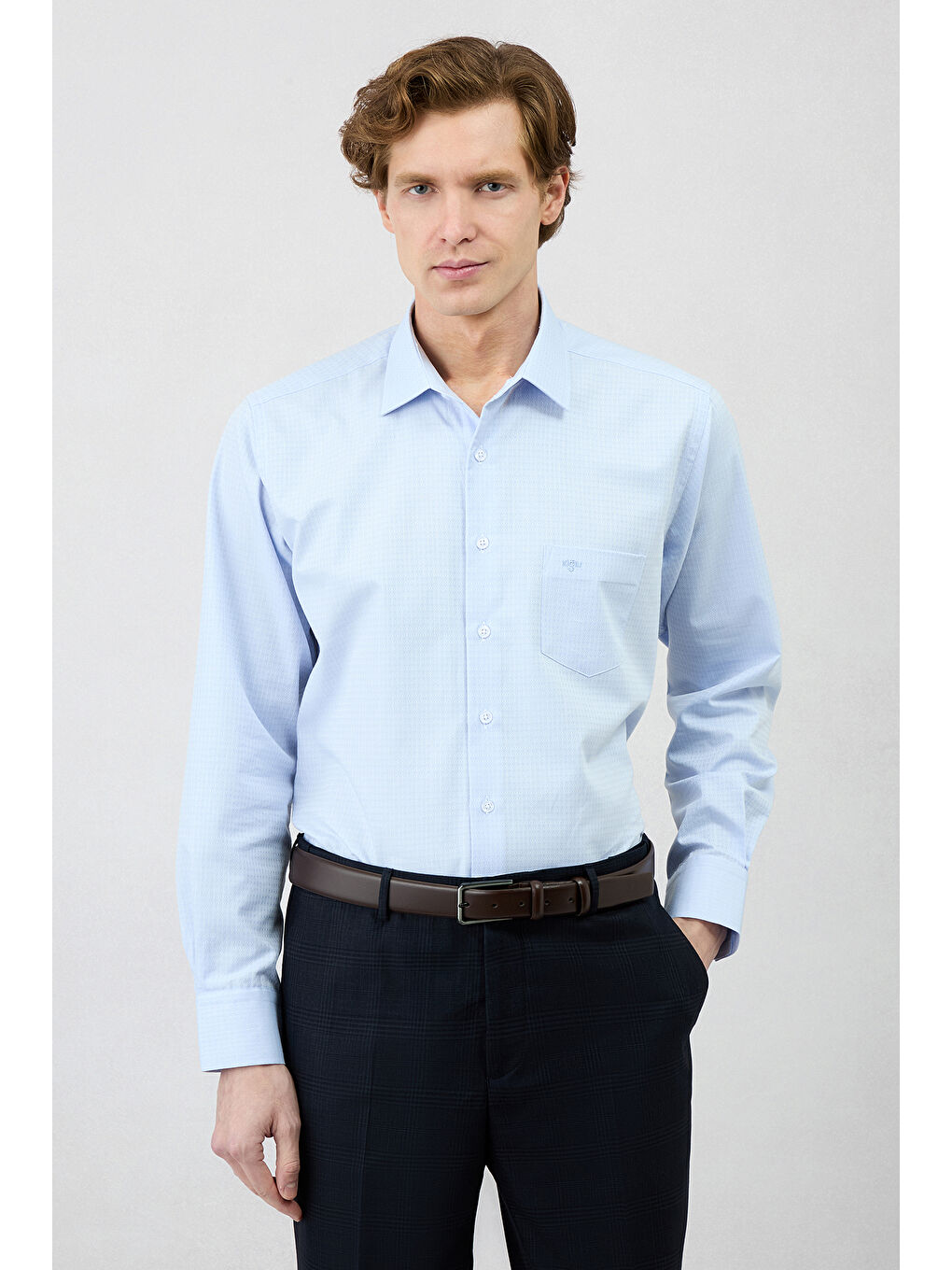 Mavi Uzun Kol Regular Fit Klasik Yaka Cepli Desenli Pamuk Gömlek-5