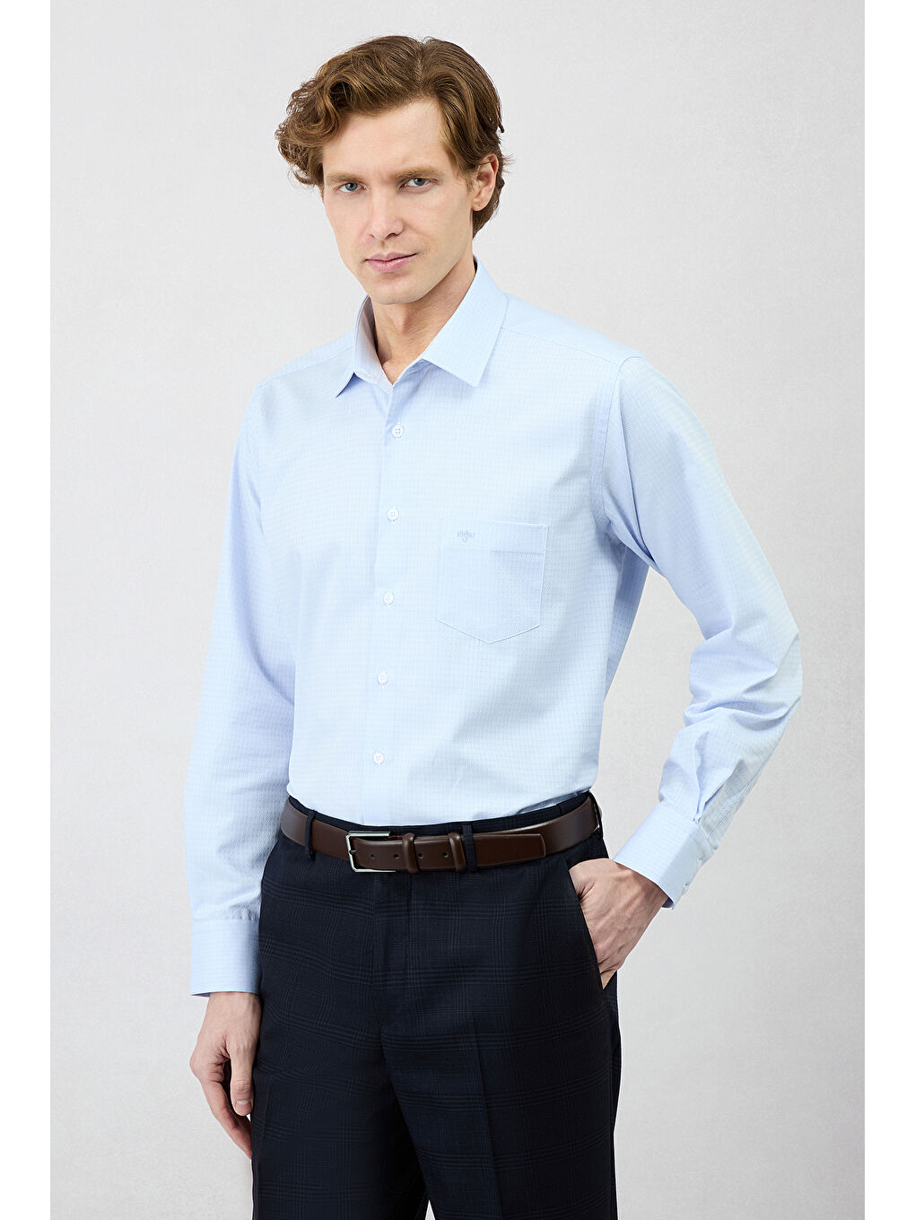 Mavi Uzun Kol Regular Fit Klasik Yaka Cepli Desenli Pamuk Gömlek-6