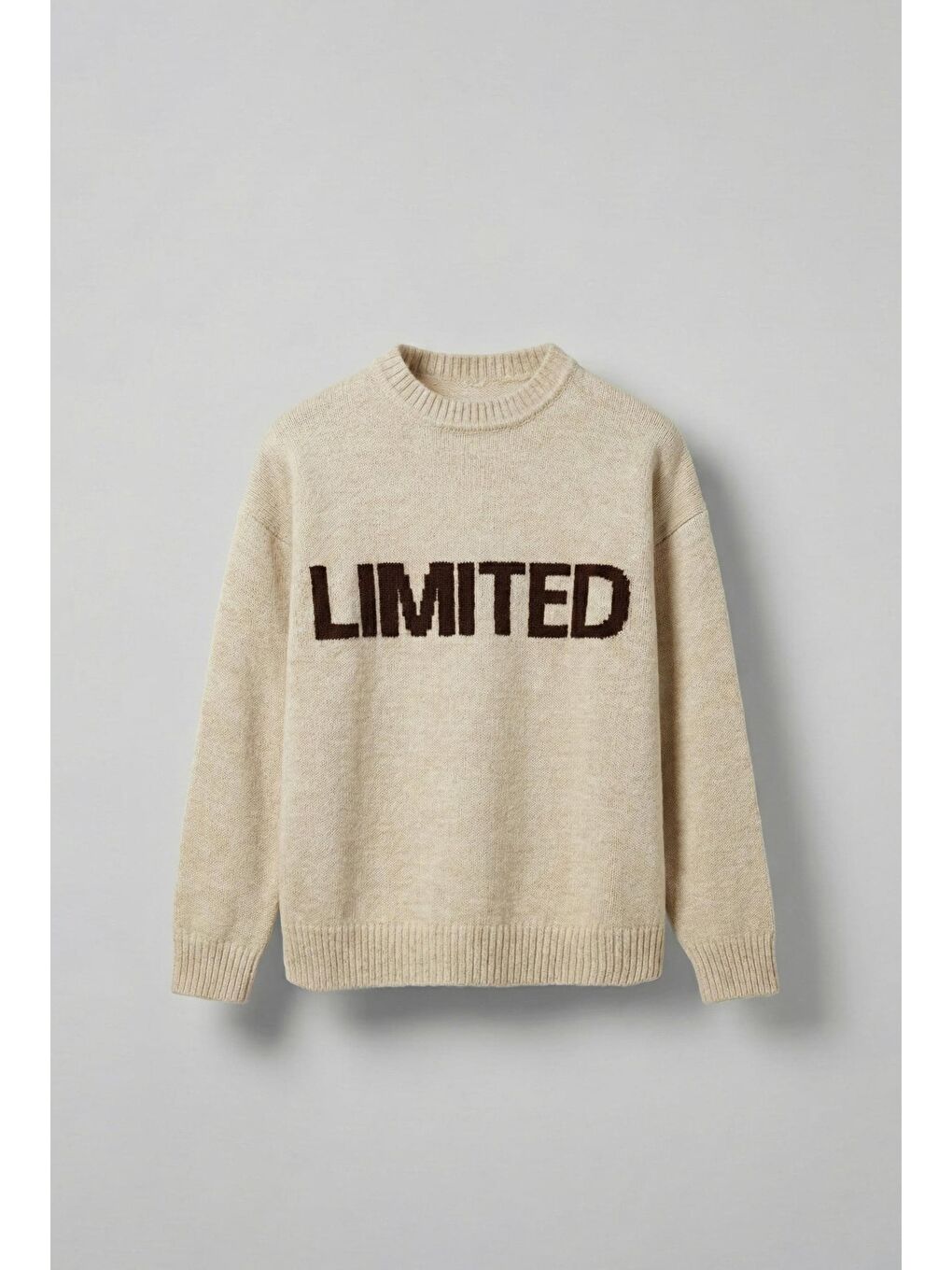 Gri Erkek Oversize Limited Kabartma Baskılı Triko Kazak Taş Rengi