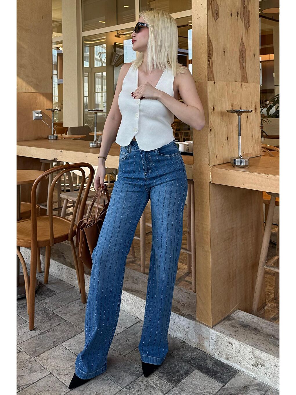 Mavi Yüksek Bel Elastanlı Taşlı Kadın Jean Pantolon Mg2271-1