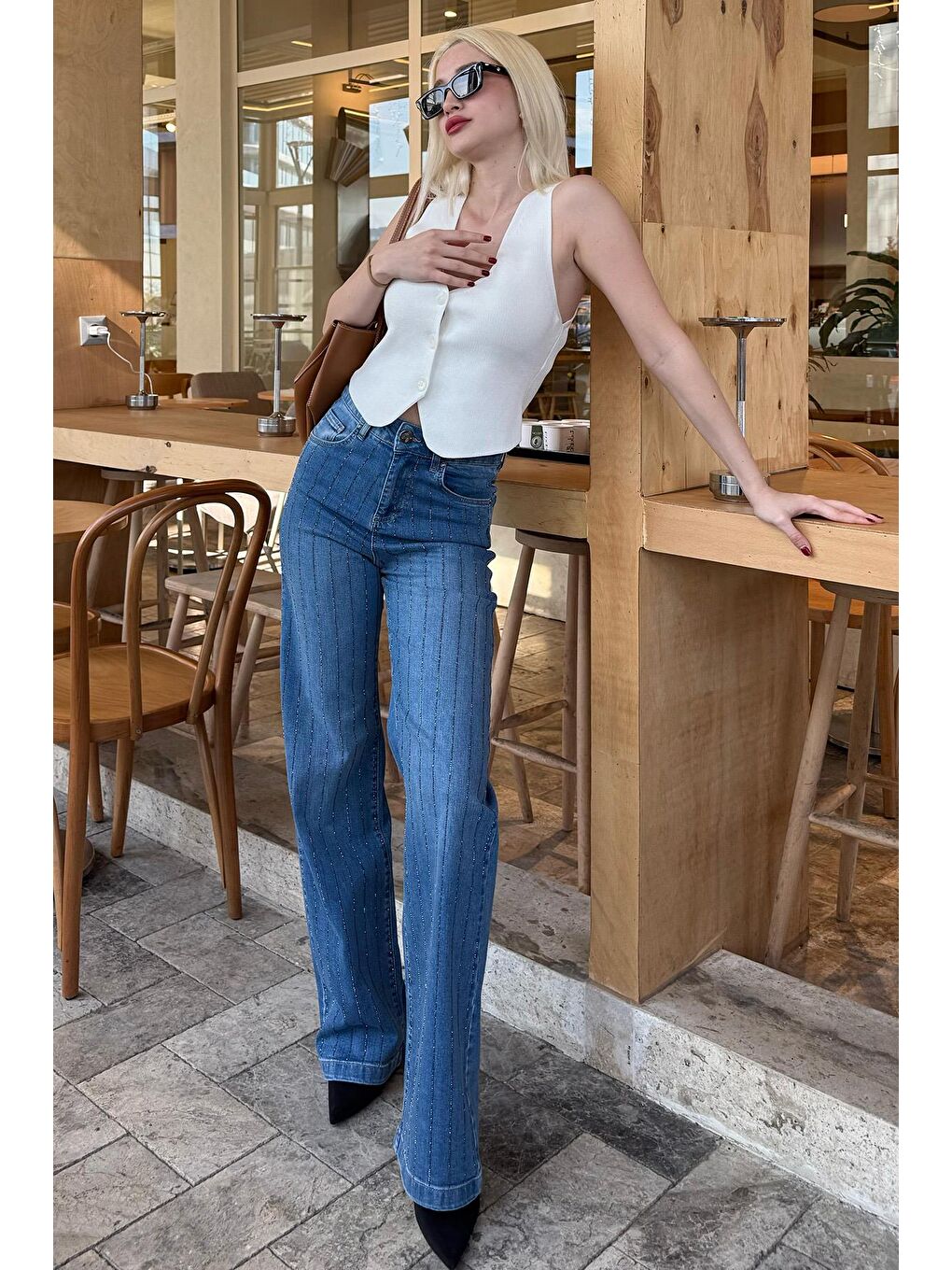 Mavi Yüksek Bel Elastanlı Taşlı Kadın Jean Pantolon Mg2271-3