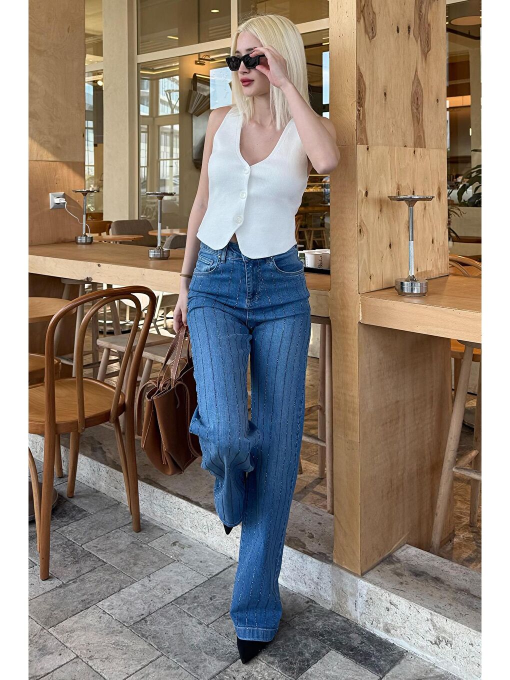 Mavi Yüksek Bel Elastanlı Taşlı Kadın Jean Pantolon Mg2271-5