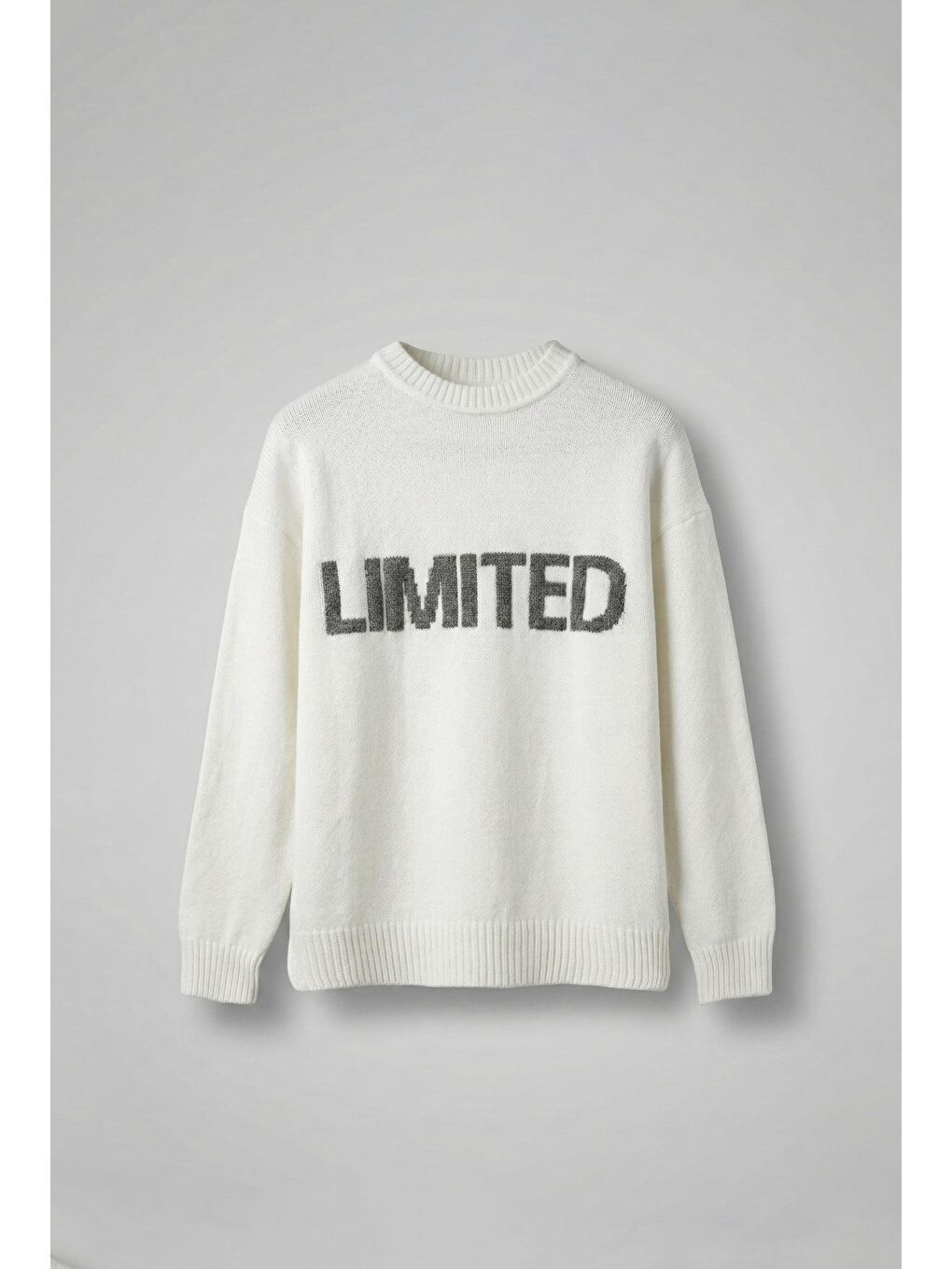 Erkek Oversize Limited Kabartma Baskılı Triko Kazak Ekru