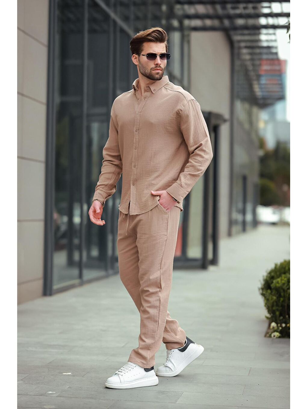 Bej Vizon Gömlek Pantolon Erkek İkili Takım E7322