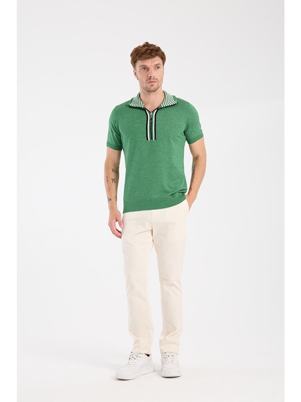 Aclub Foxtrot Örme Kumaş Viskon Karışımlı Slim Fit Yeşil Dik Yaka Erkek Düz Polo Shirt-1