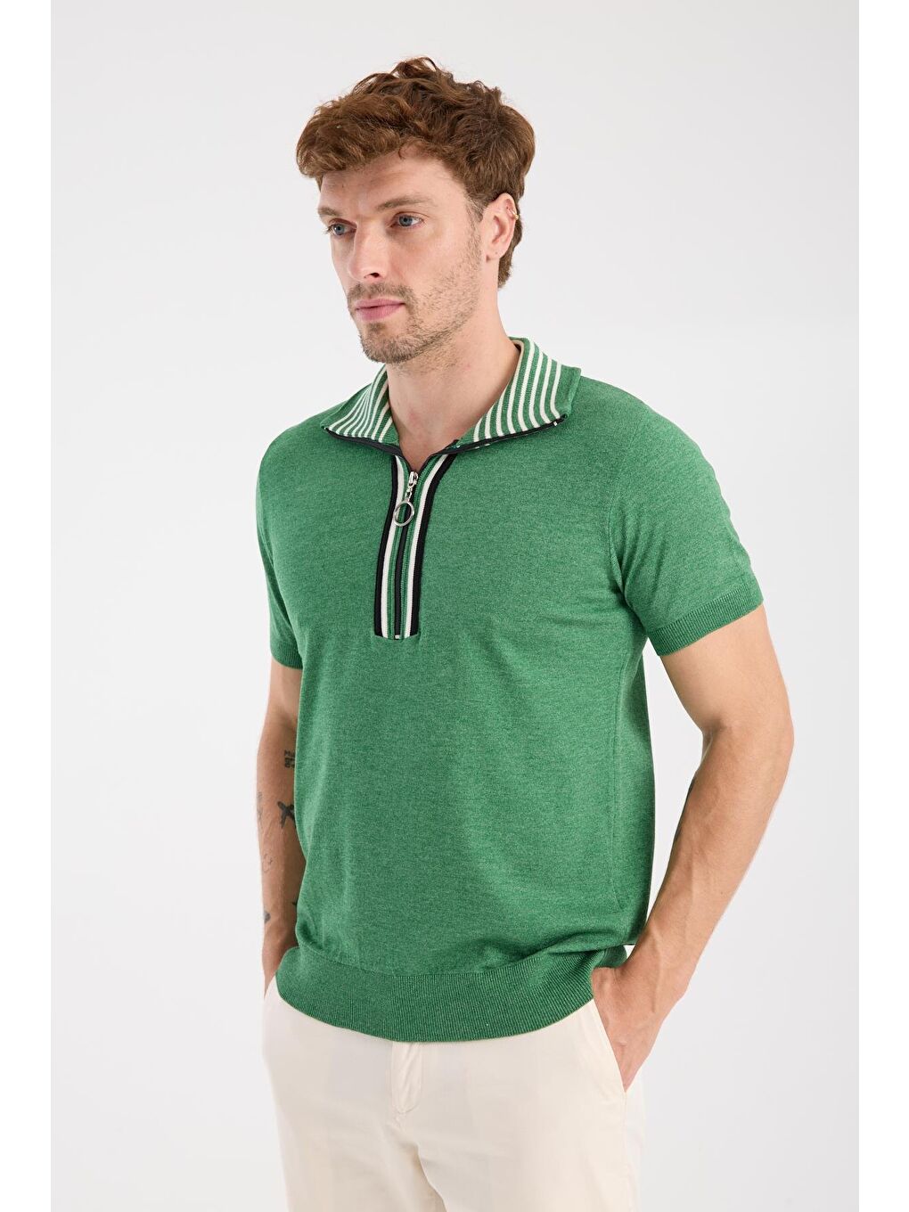 Aclub Foxtrot Örme Kumaş Viskon Karışımlı Slim Fit Yeşil Dik Yaka Erkek Düz Polo Shirt-3