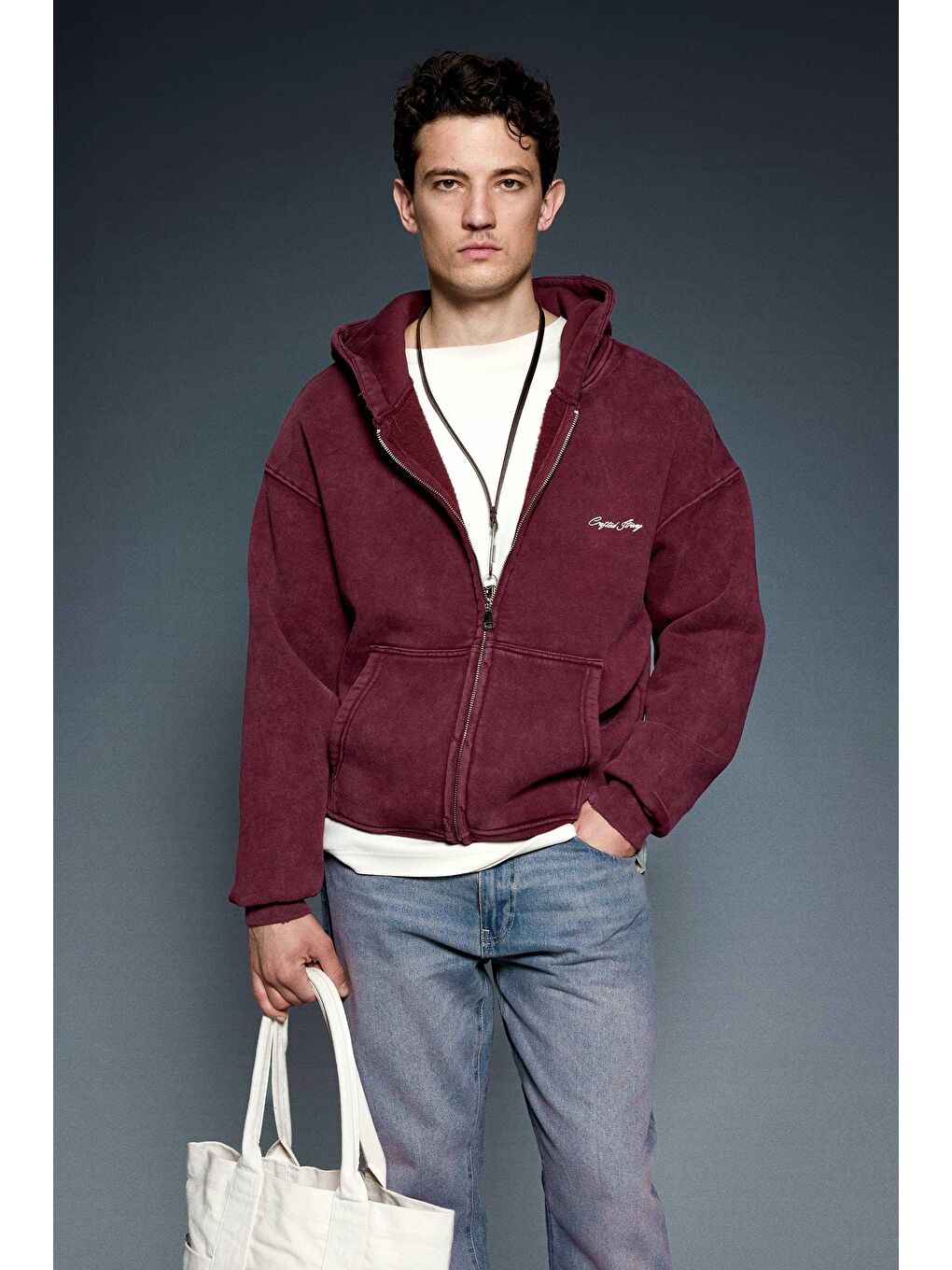 Erkek Relax Fit Yıkamalı Kapüşonlu Sweatshirt Bordo