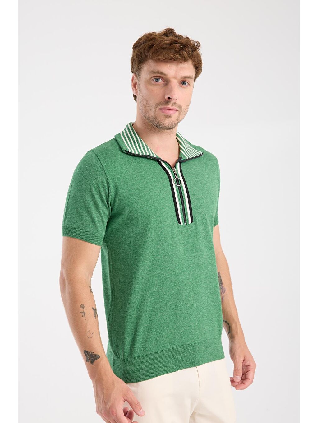 Aclub Foxtrot Örme Kumaş Viskon Karışımlı Slim Fit Yeşil Dik Yaka Erkek Düz Polo Shirt-4