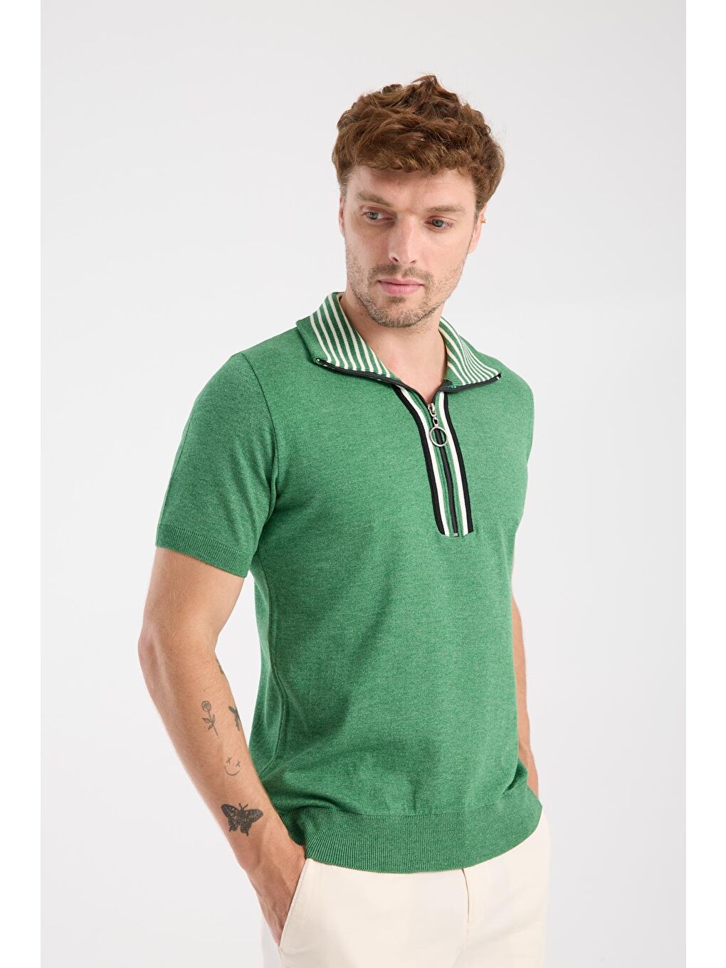 Aclub Foxtrot Örme Kumaş Viskon Karışımlı Slim Fit Yeşil Dik Yaka Erkek Düz Polo Shirt-5