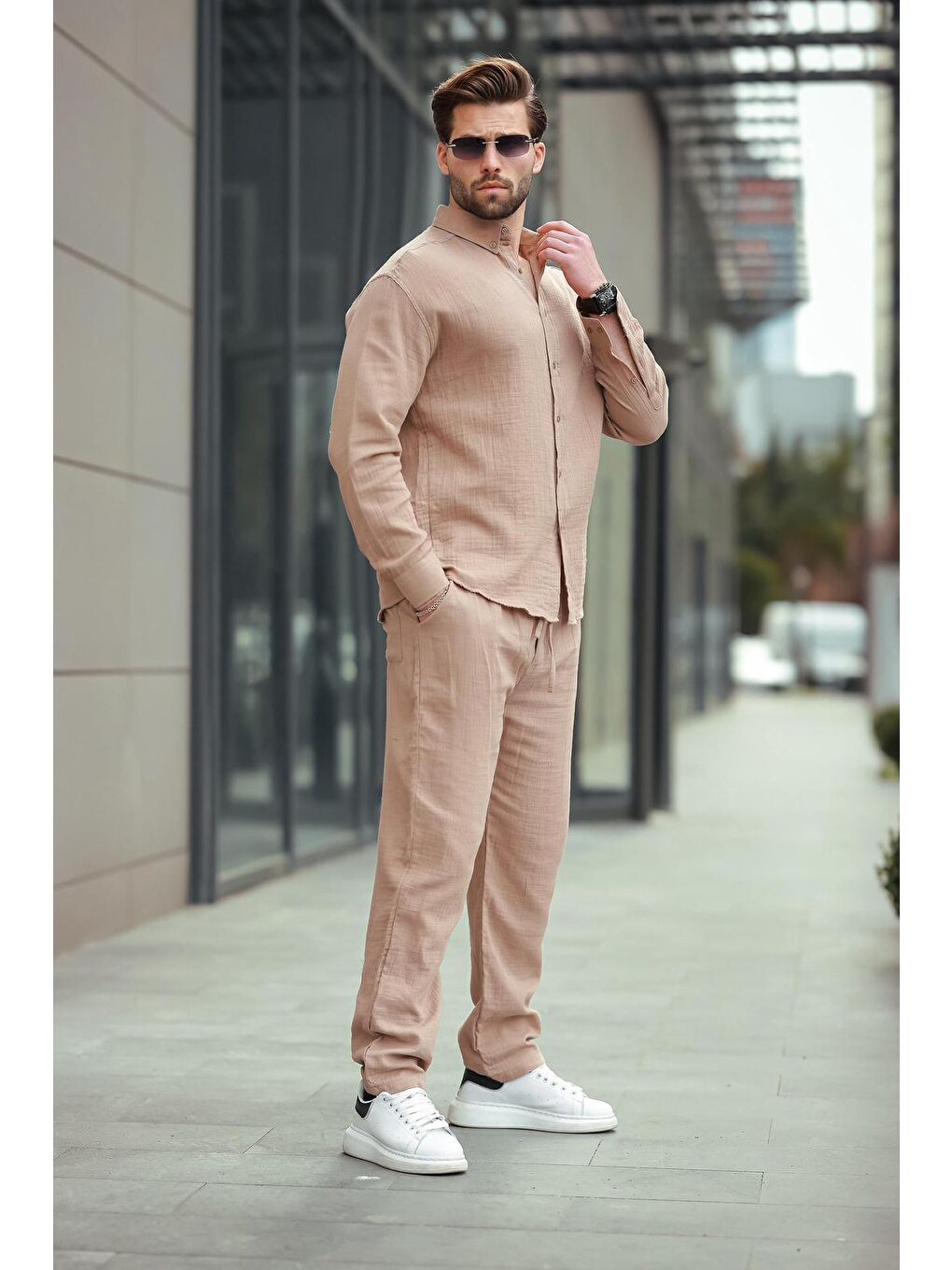 Bej Vizon Gömlek Pantolon Erkek İkili Takım E7322-1