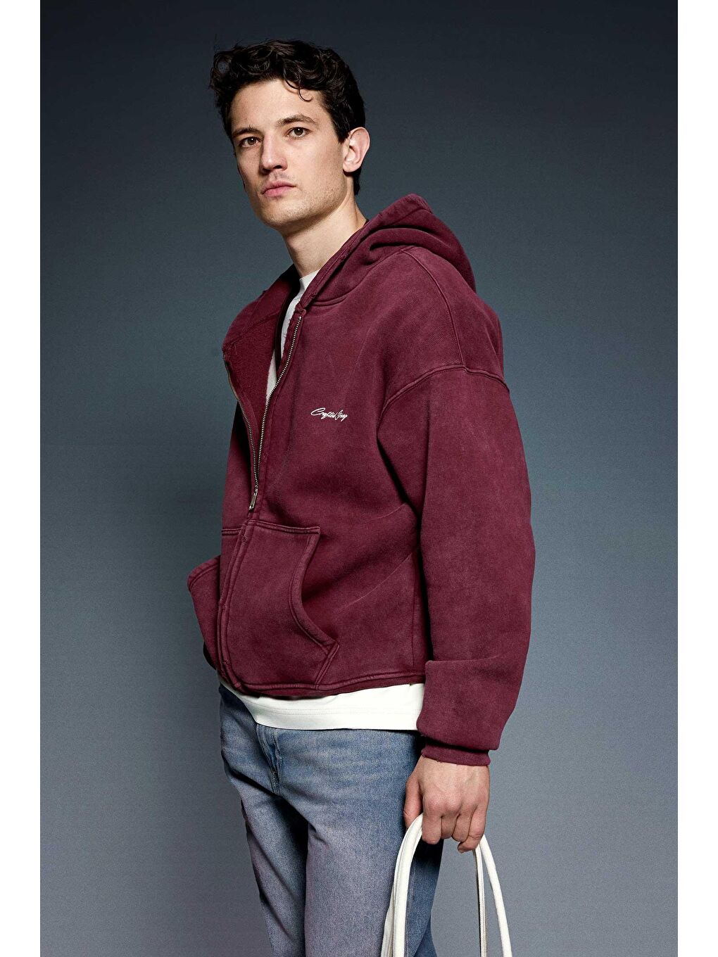 Erkek Relax Fit Yıkamalı Kapüşonlu Sweatshirt Bordo-1