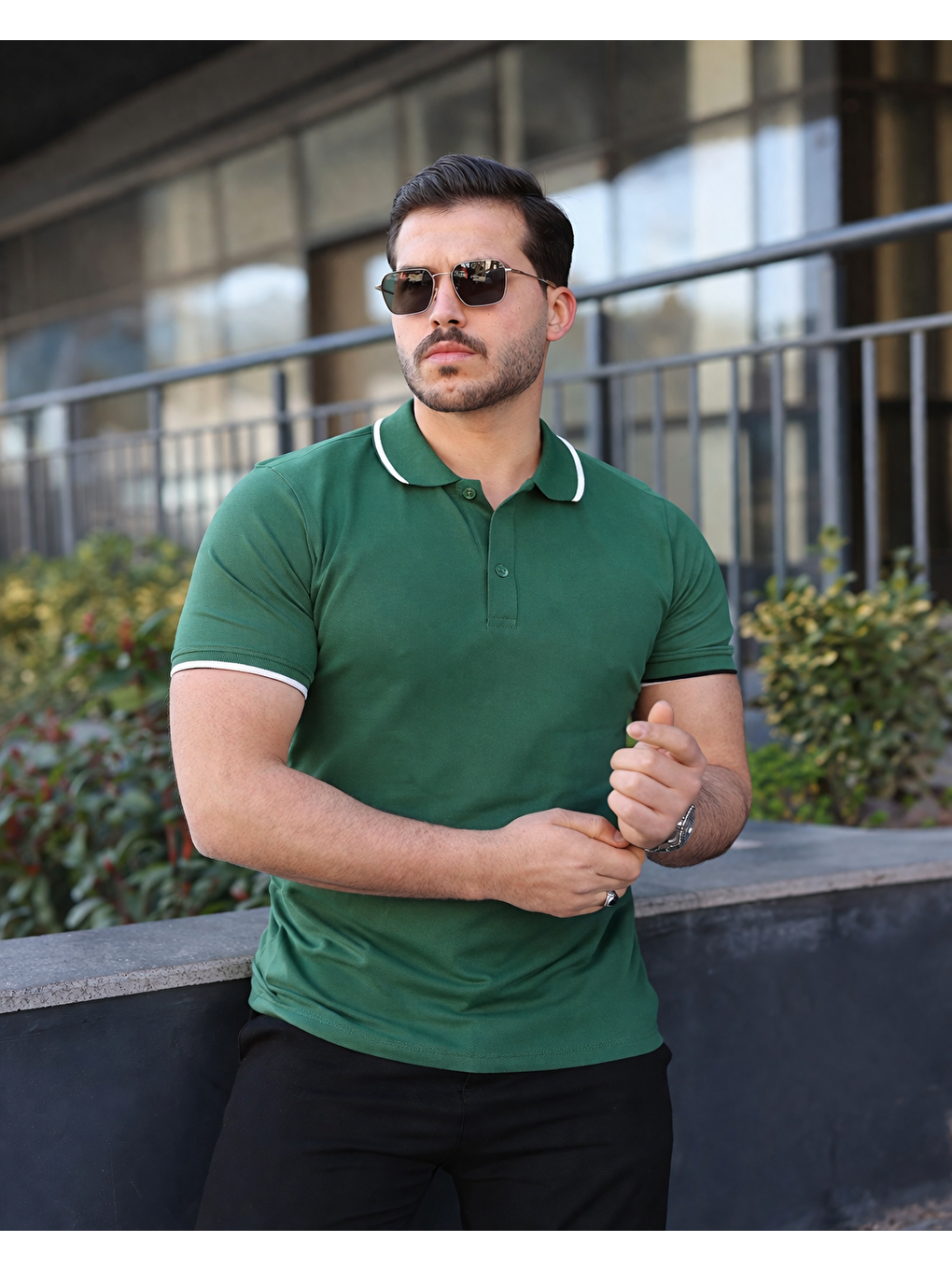 Erkek Günlük Çizgili Pamuklu Yeşil Polo Yaka Tişört