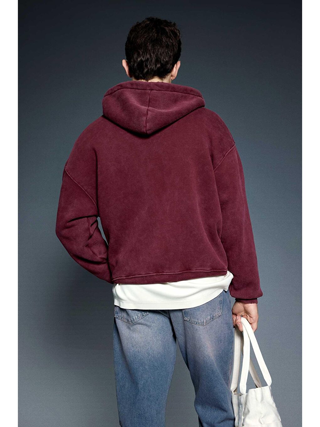 Erkek Relax Fit Yıkamalı Kapüşonlu Sweatshirt Bordo-3