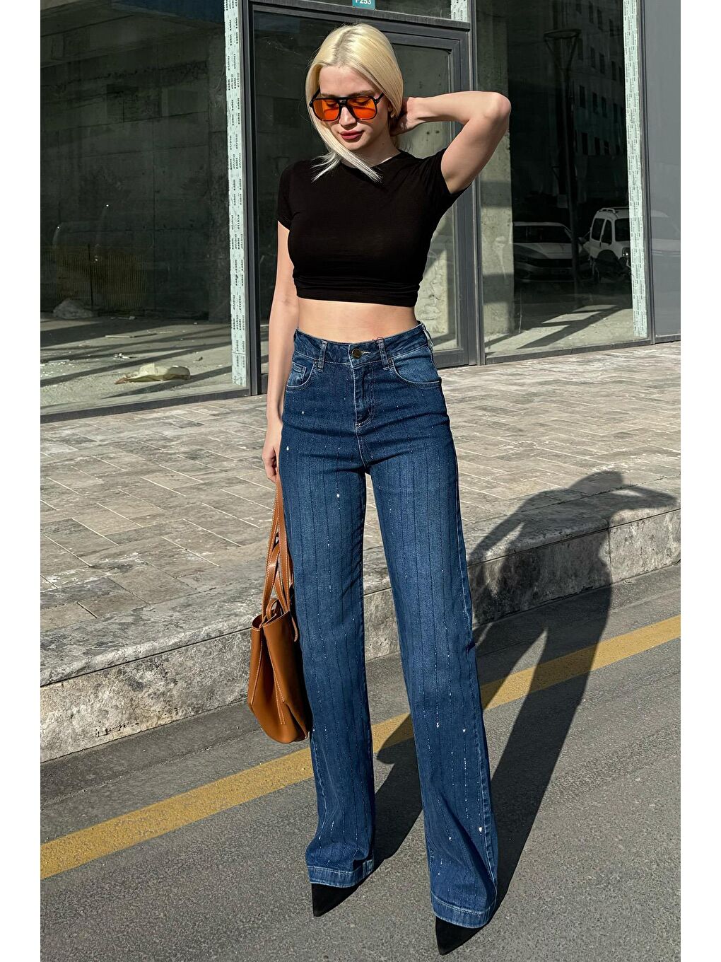 Lacivert Yüksek Bel Elastanlı Taşlı Kadın Jean Pantolon Mg2271-5