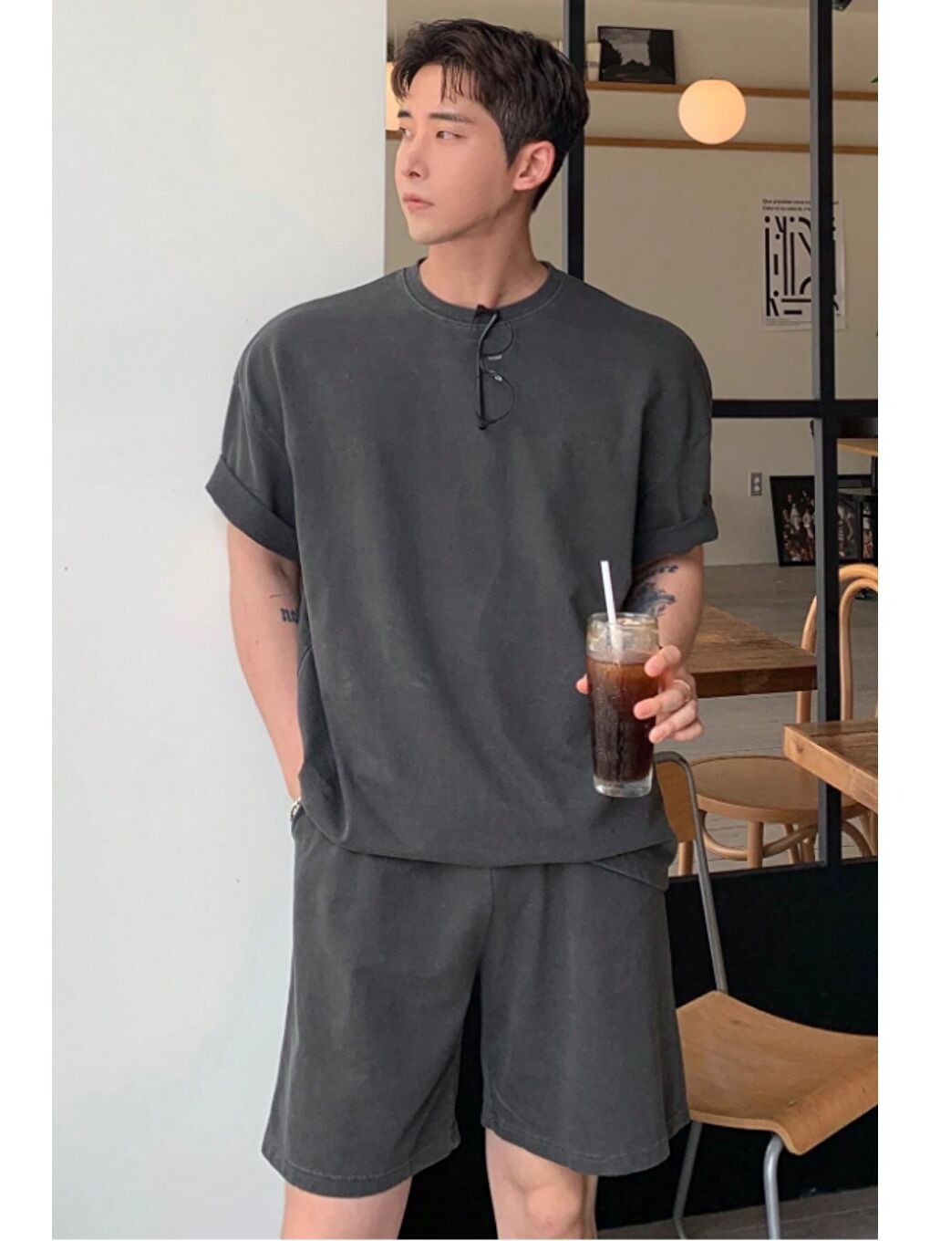 Gri Erkek Oversize T-Shirt Şort Takım Rahat Yazlık Kombin