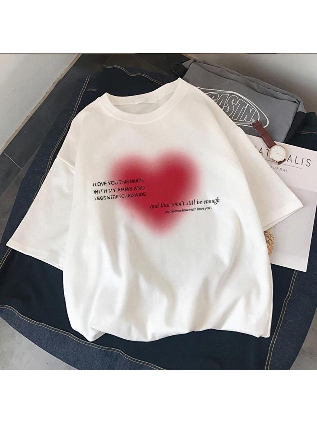 Touz Moda Beyaz Aesthetic Heart Baskılı Beyaz Unisex Oversize T-shirt - 4