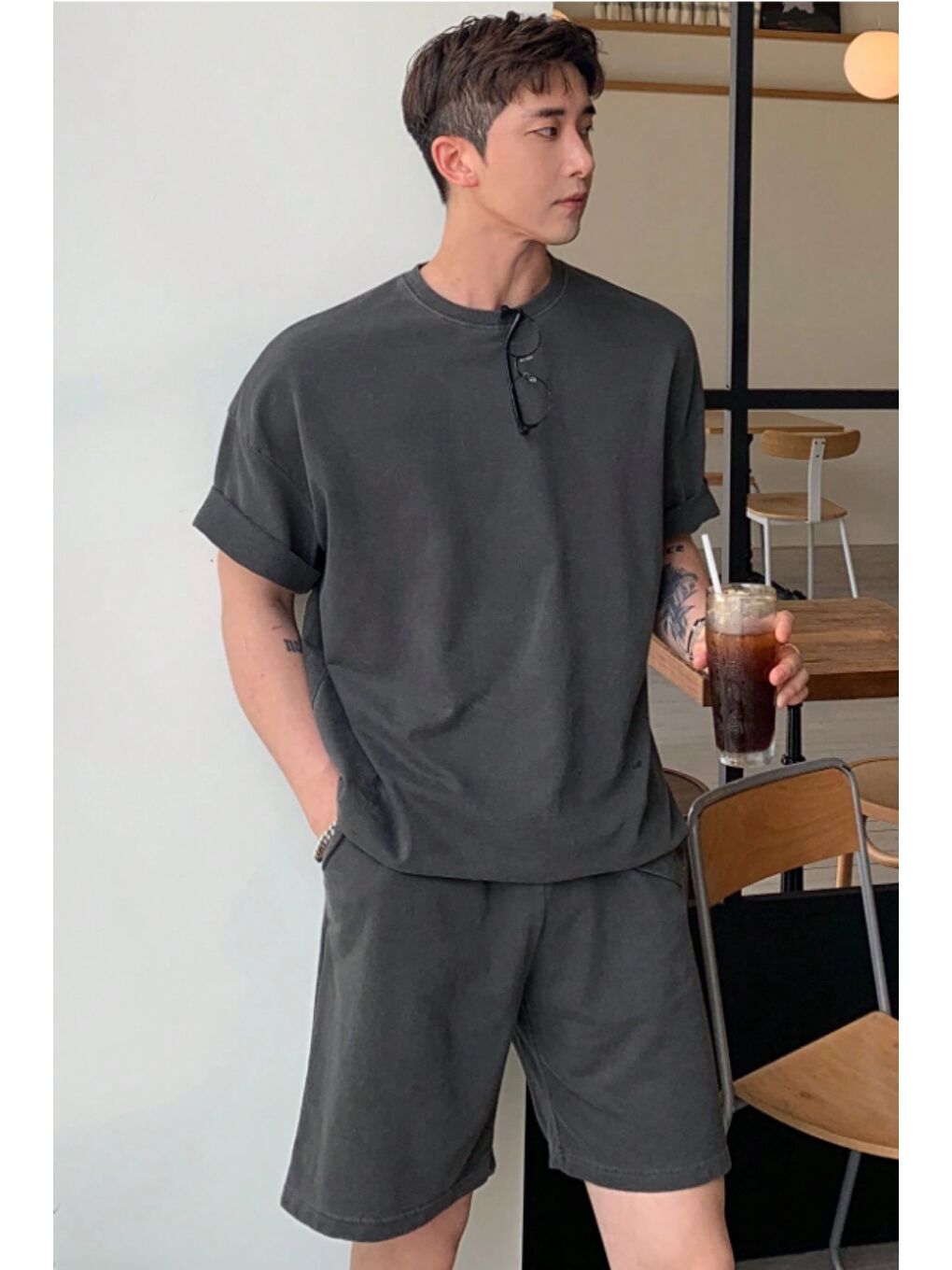 Gri Erkek Oversize T-Shirt Şort Takım Rahat Yazlık Kombin-1