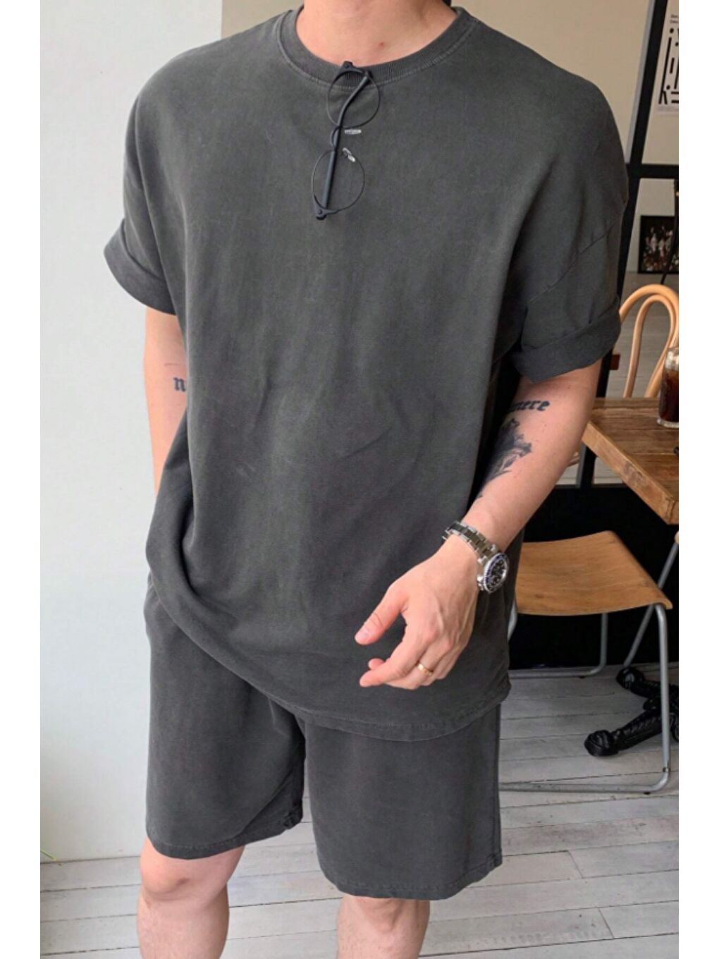 Gri Erkek Oversize T-Shirt Şort Takım Rahat Yazlık Kombin-3