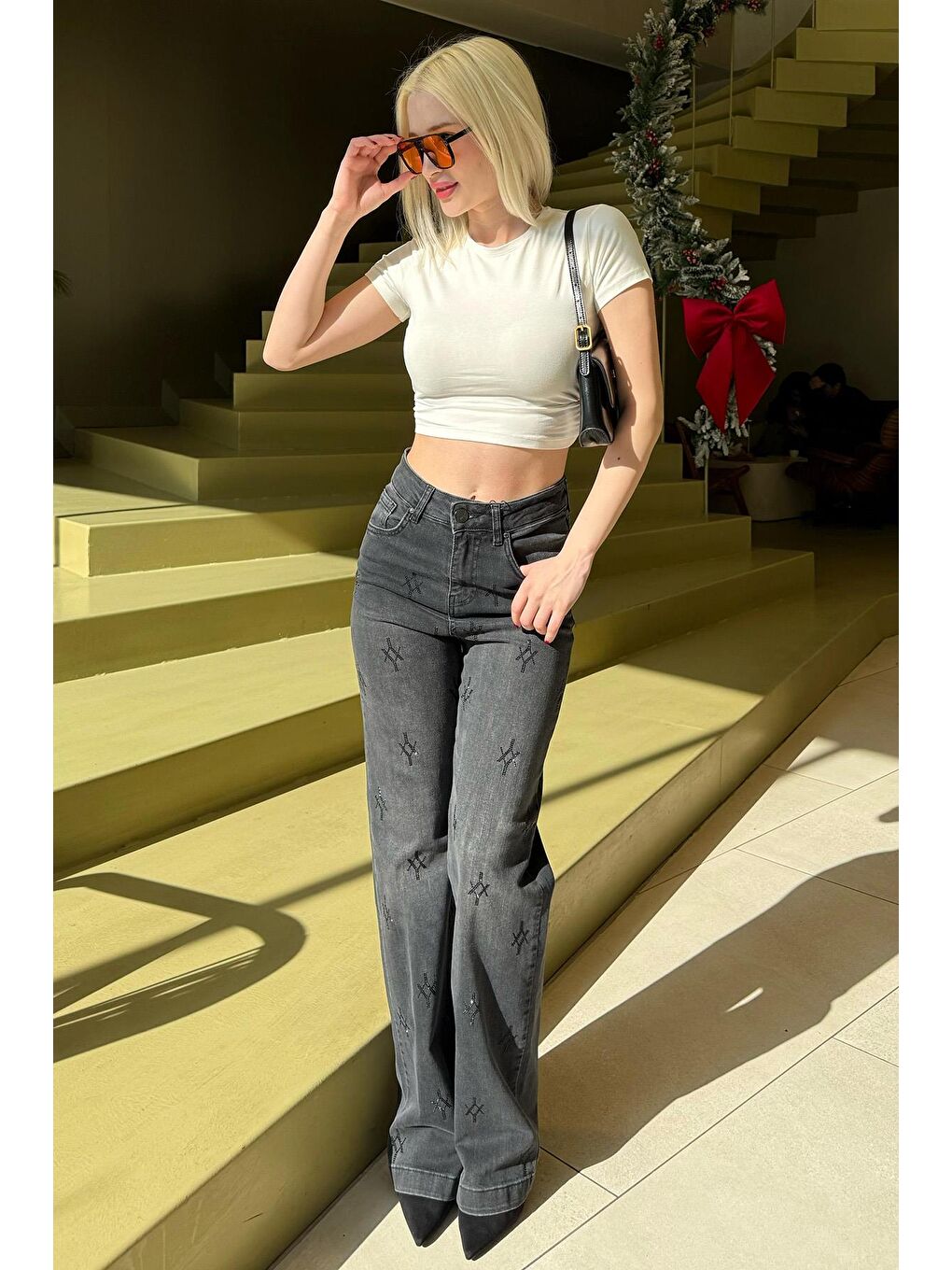Gri Füme Yüksek Bel Elastanlı Taşlı Kadın Jean Pantolon Mg2271
