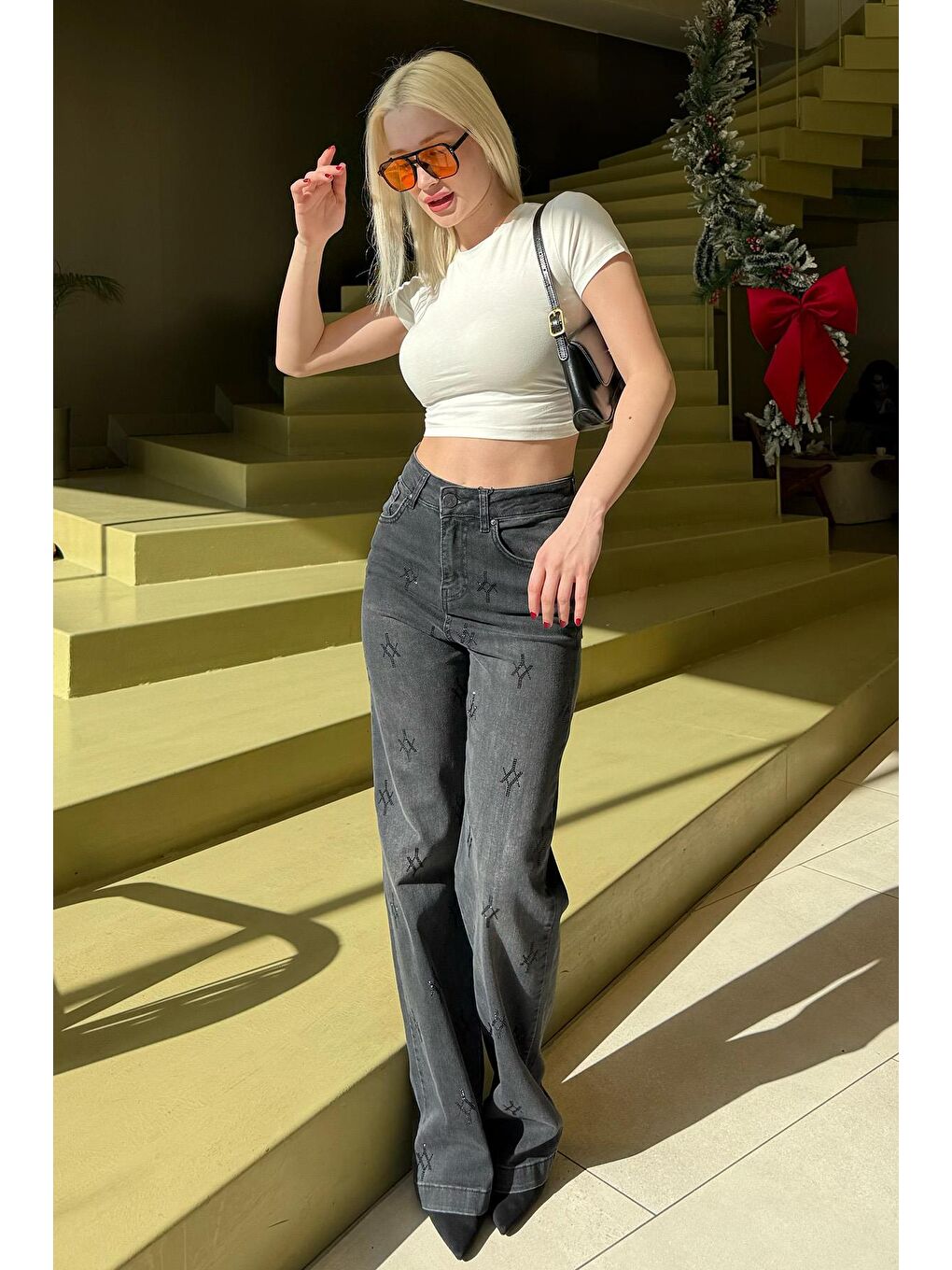 Gri Füme Yüksek Bel Elastanlı Taşlı Kadın Jean Pantolon Mg2271-2