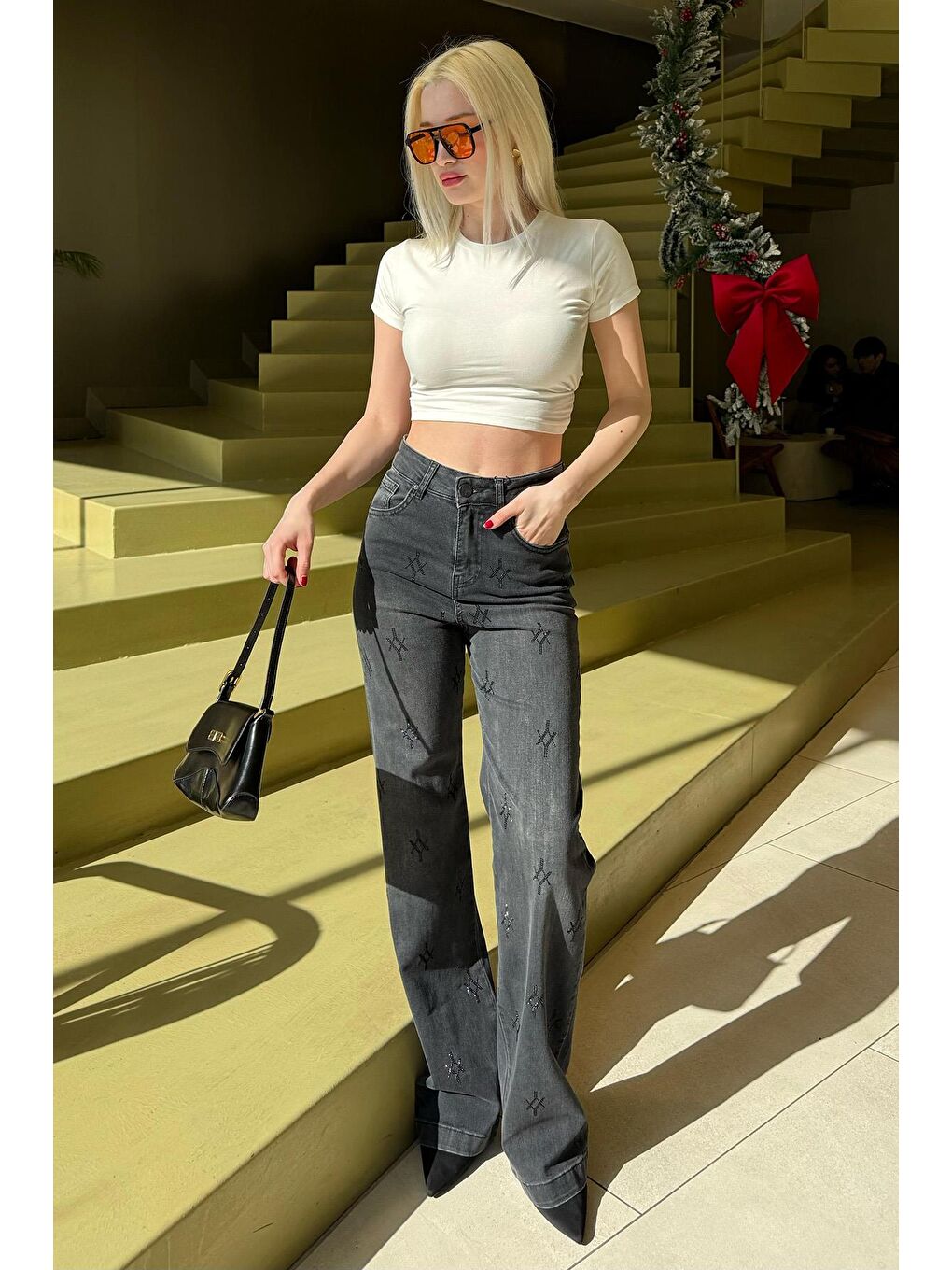 Gri Füme Yüksek Bel Elastanlı Taşlı Kadın Jean Pantolon Mg2271-3