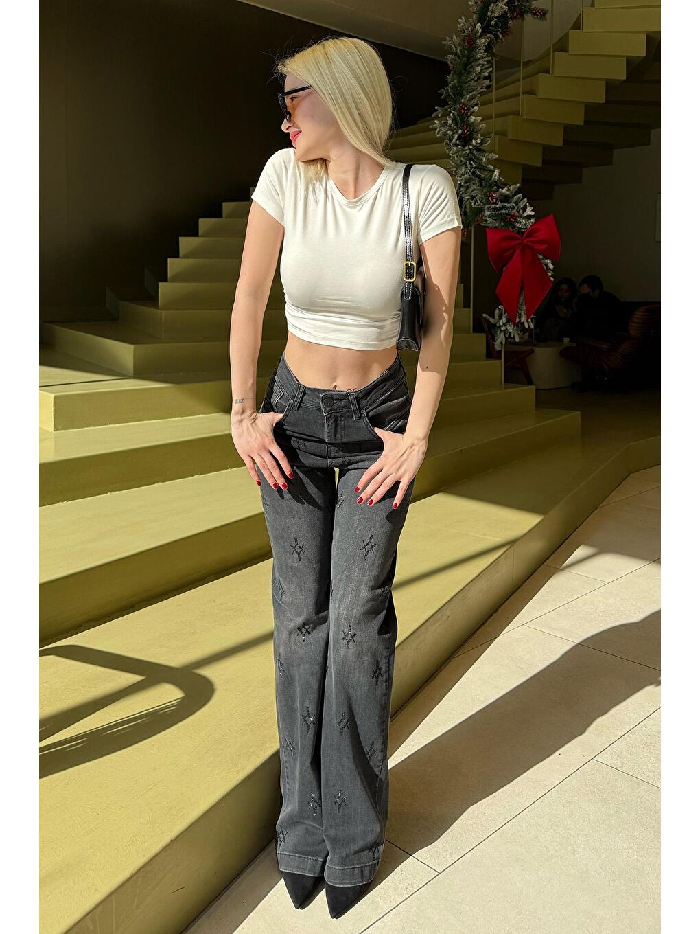 Gri Füme Yüksek Bel Elastanlı Taşlı Kadın Jean Pantolon Mg2271-4