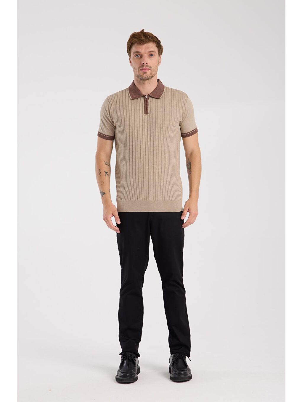 Bej Aclub Echo Örme Kumaş Viskon Karışımlı Slim Fit Vizon Polo Yaka Erkek Desenli Polo Shirt