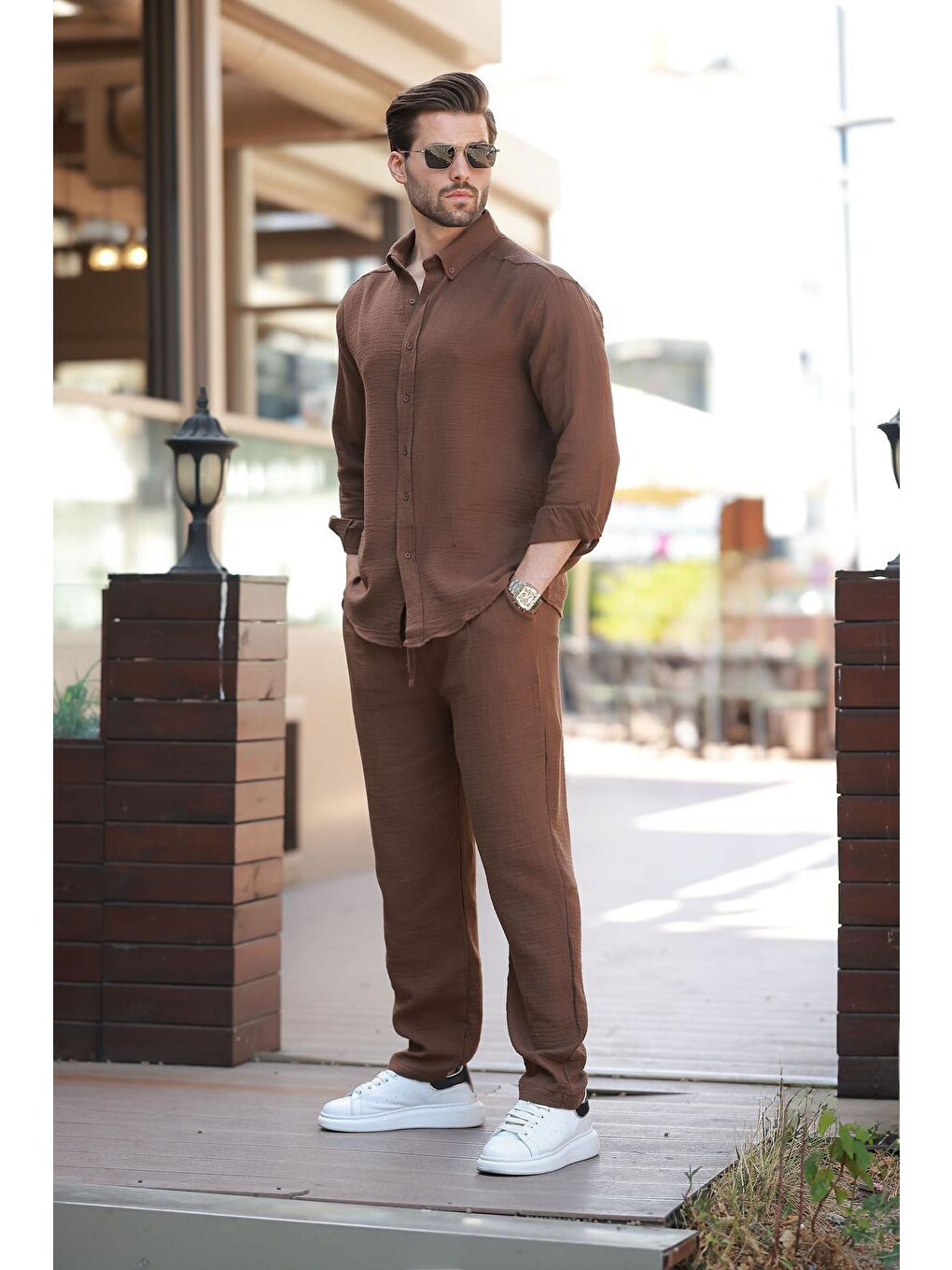 Kahverengi Gömlek Pantolon Erkek İkili Takım E7322-1