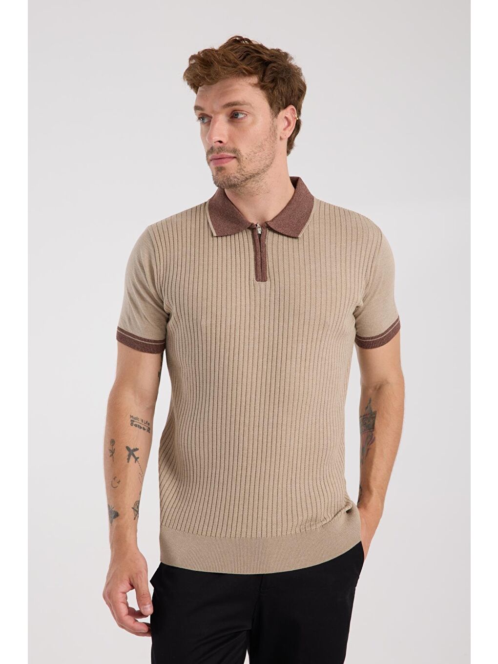 Bej Aclub Echo Örme Kumaş Viskon Karışımlı Slim Fit Vizon Polo Yaka Erkek Desenli Polo Shirt-2