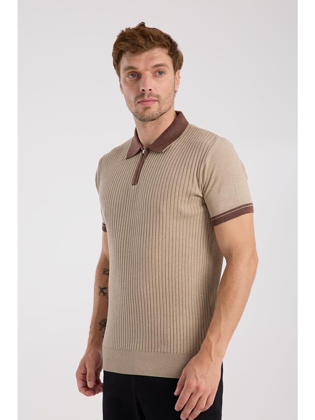 Bej Aclub Echo Örme Kumaş Viskon Karışımlı Slim Fit Vizon Polo Yaka Erkek Desenli Polo Shirt-3