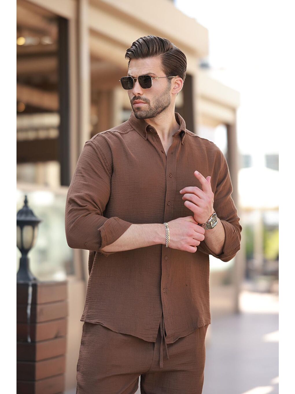 Kahverengi Gömlek Pantolon Erkek İkili Takım E7322-2