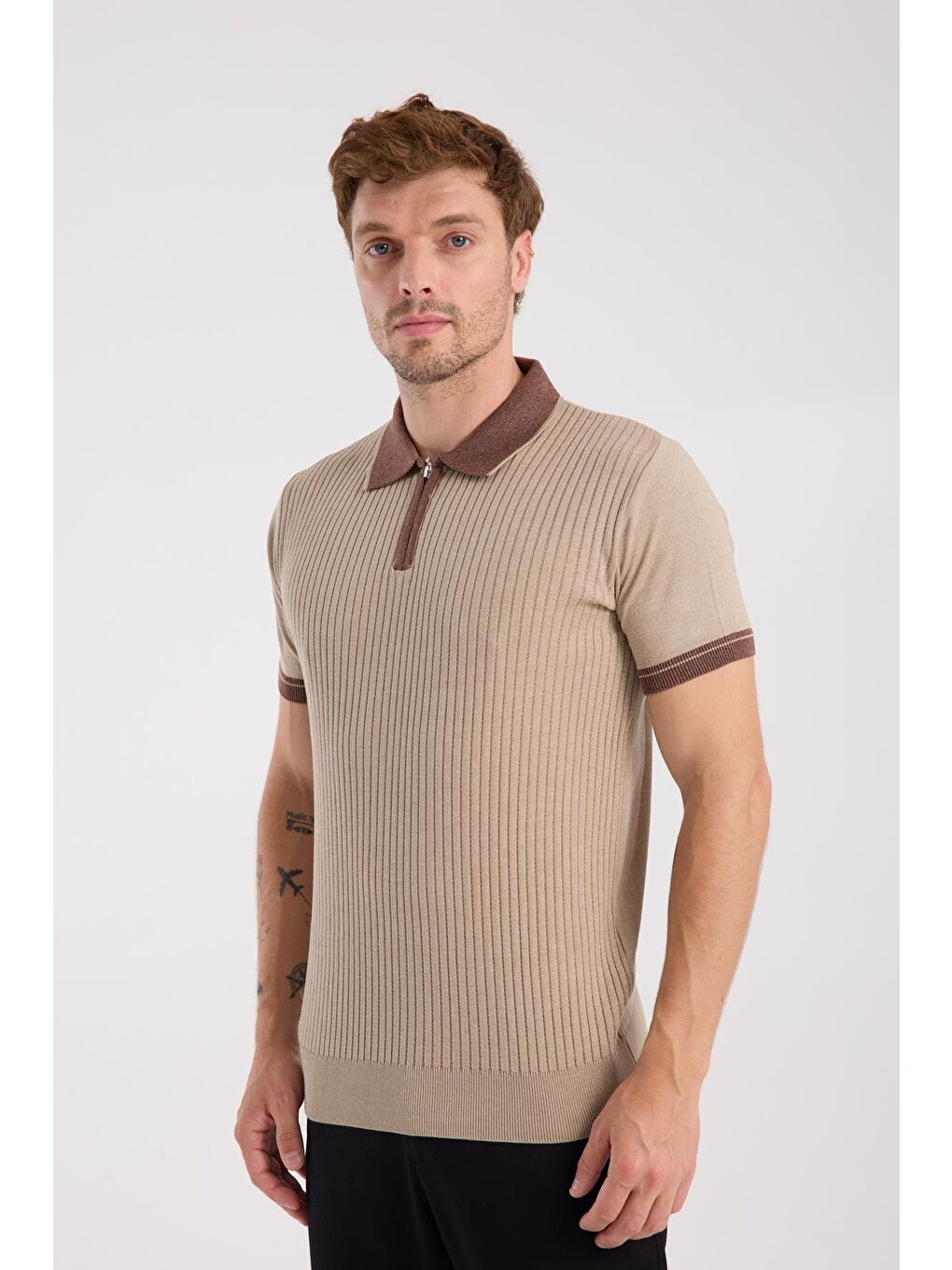 Bej Aclub Echo Örme Kumaş Viskon Karışımlı Slim Fit Vizon Polo Yaka Erkek Desenli Polo Shirt-4